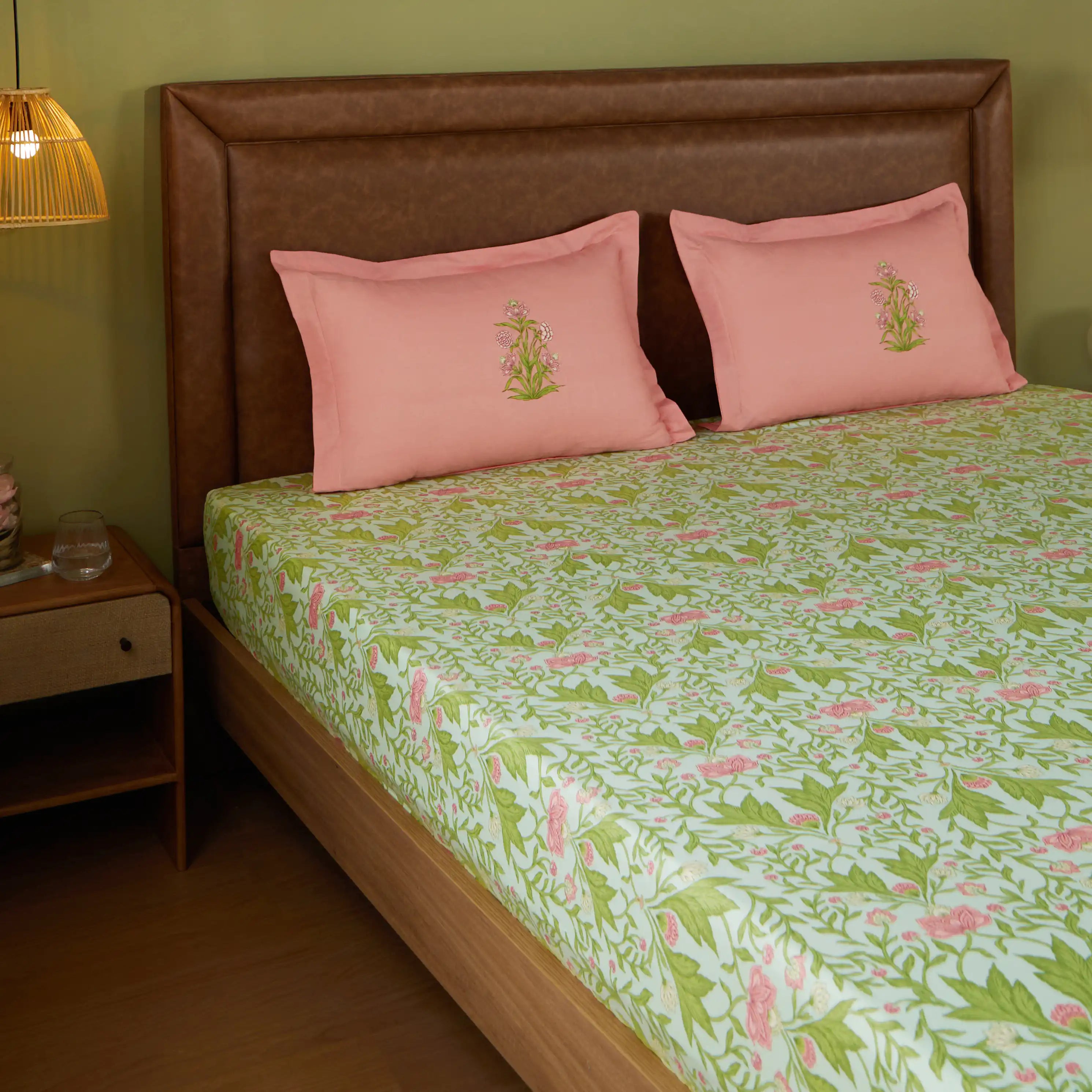 Chippa Lane | Contemporary Indian Print Design Cotton Fitted Sheet Set-Sage Mint Sage Mint / Queen
