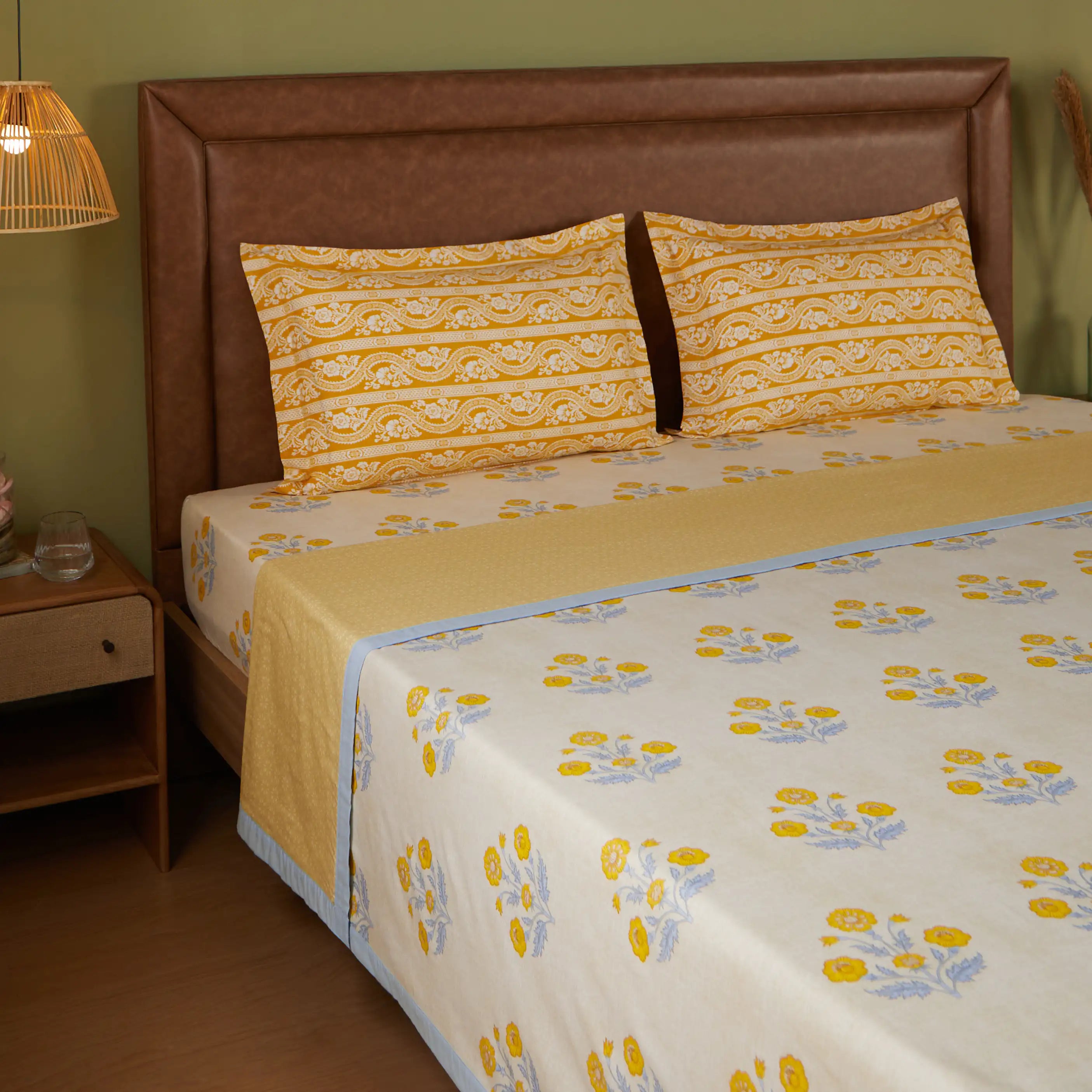Chippa Lane | Contemporary Indian Print Design Coordinated Bedding Set | Set of Bedsheet & Dohar-Ochre Ochre / Double