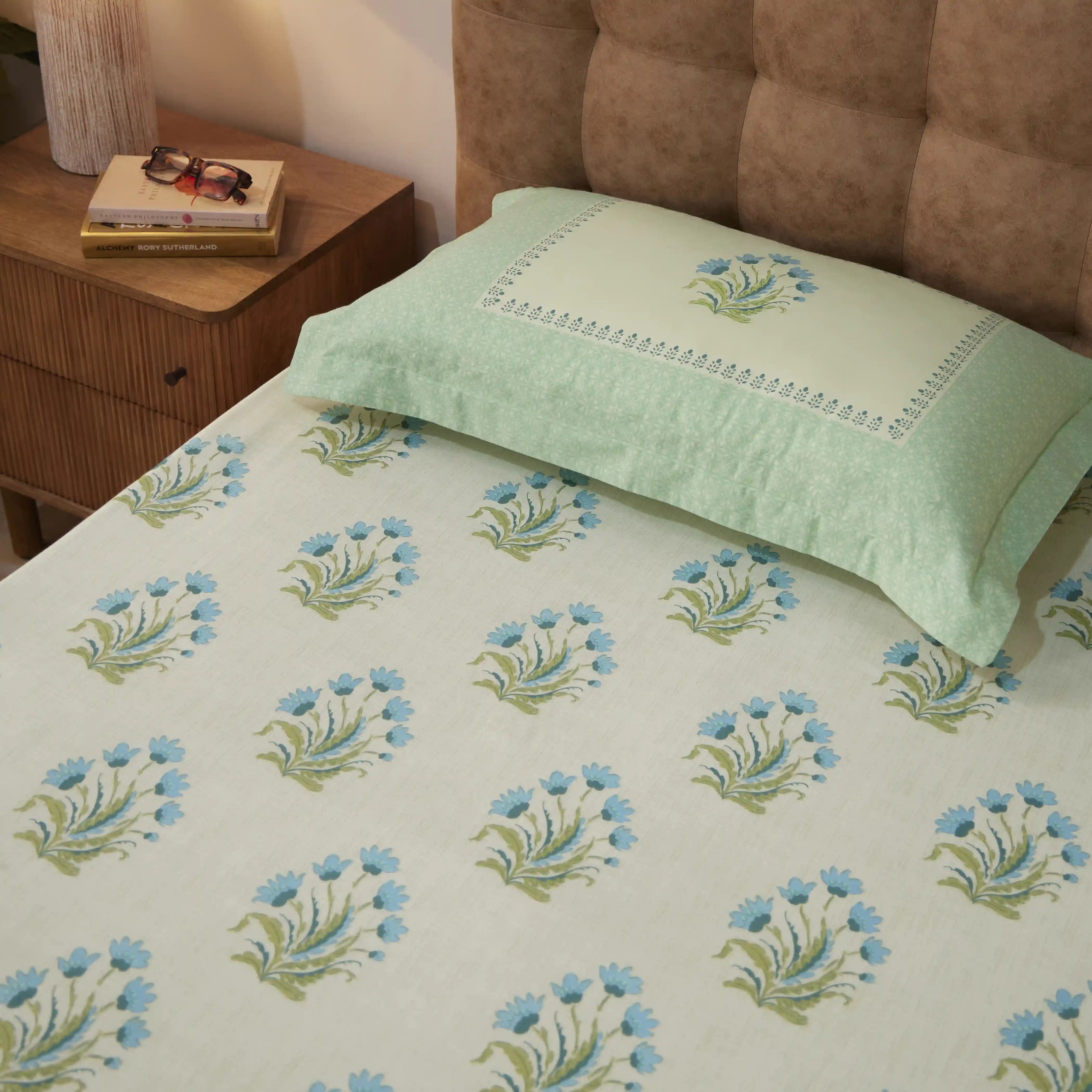Chippa Lane | Contemporary Indian Print Design Cotton Bedsheet Set-Indian Sage Indian Sage / Single