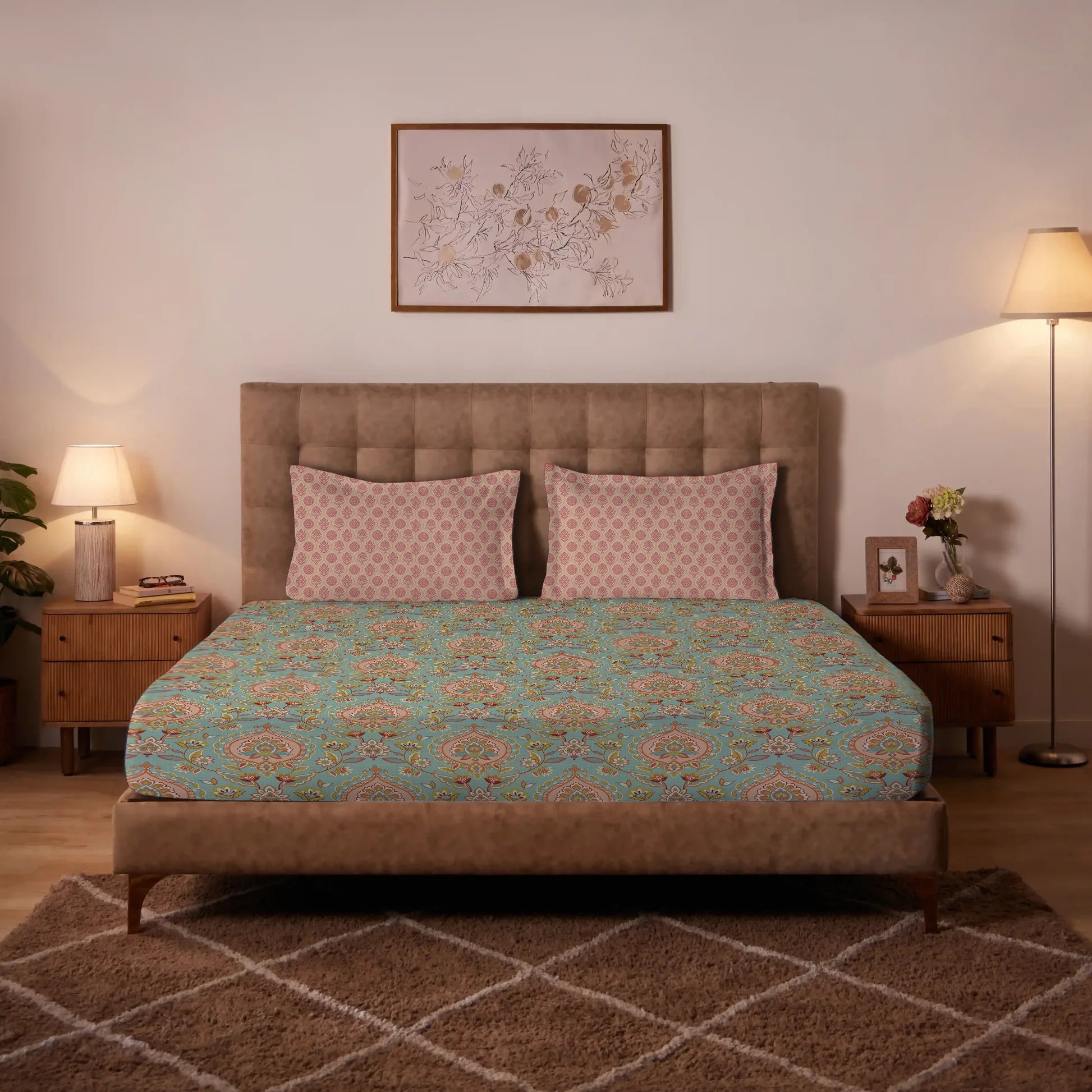 Aangan Weaves | Sage Green Traditional Printed Cotton Bedsheet Set - Sea Glass Sea Glass / Queen