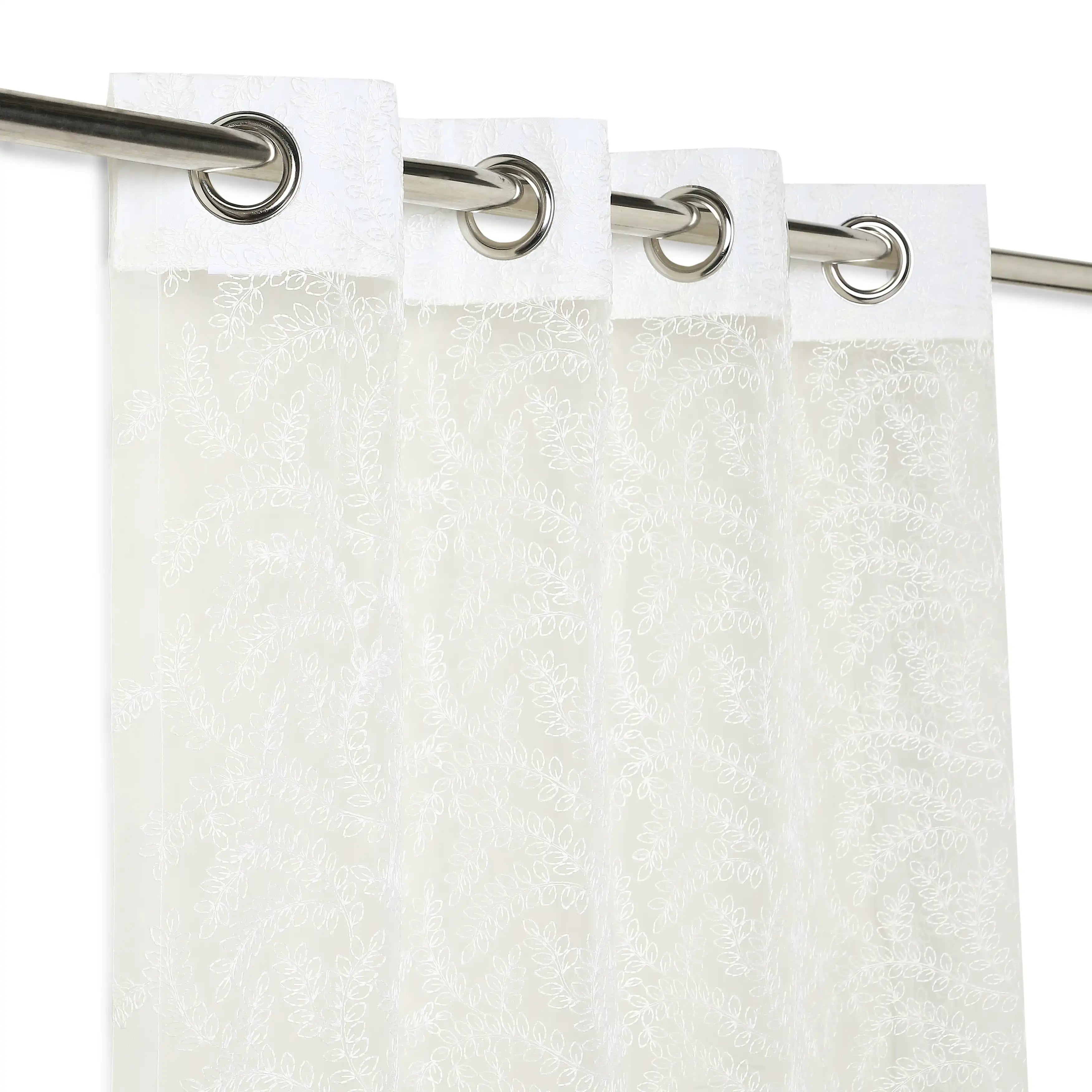 Velina Set Of 2 Embroidered Sheer Readymade Curtains | Urban Forest Cotton White / Door (3.60ft X 7.22ft)
