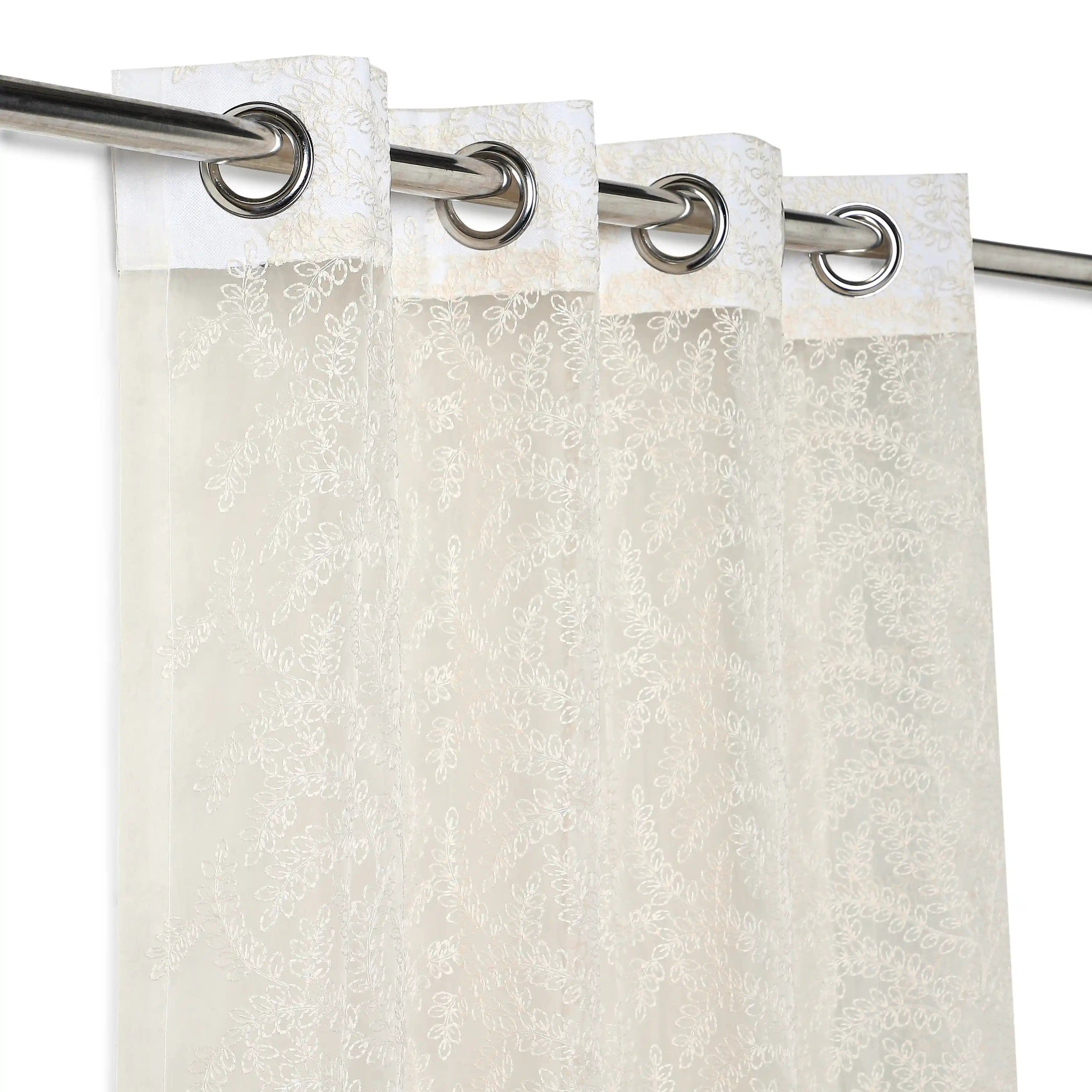 Velina Set Of 2 Embroidered Sheer Readymade Curtains | Urban Forest Oatmeal / Door (3.60ft X 7.22ft)