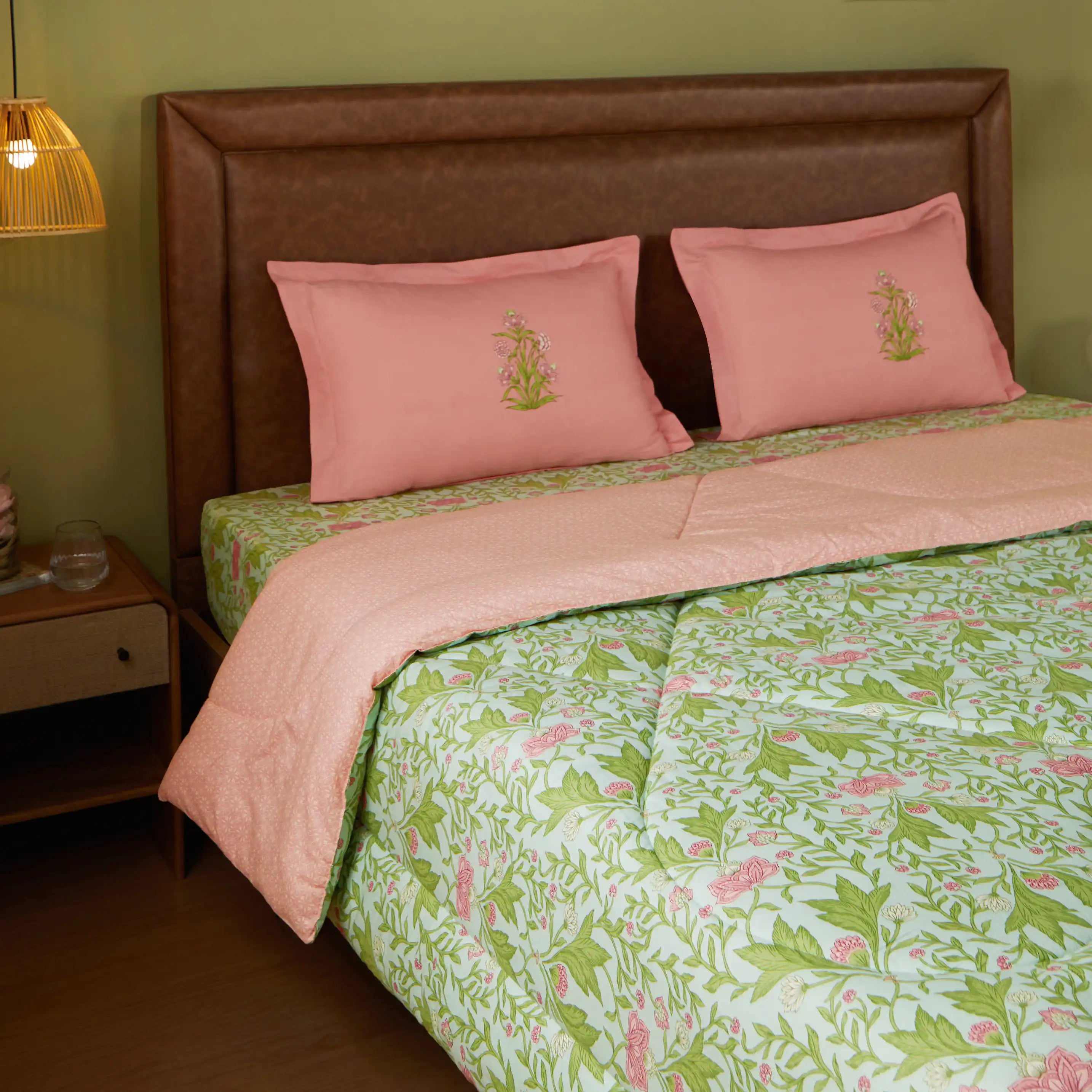 Chippa Lane | Contemporary Indian Print Design Coordinated Bedding Set | Set of Bedsheet & Comforter-Sage Mint Sage Mint / Double