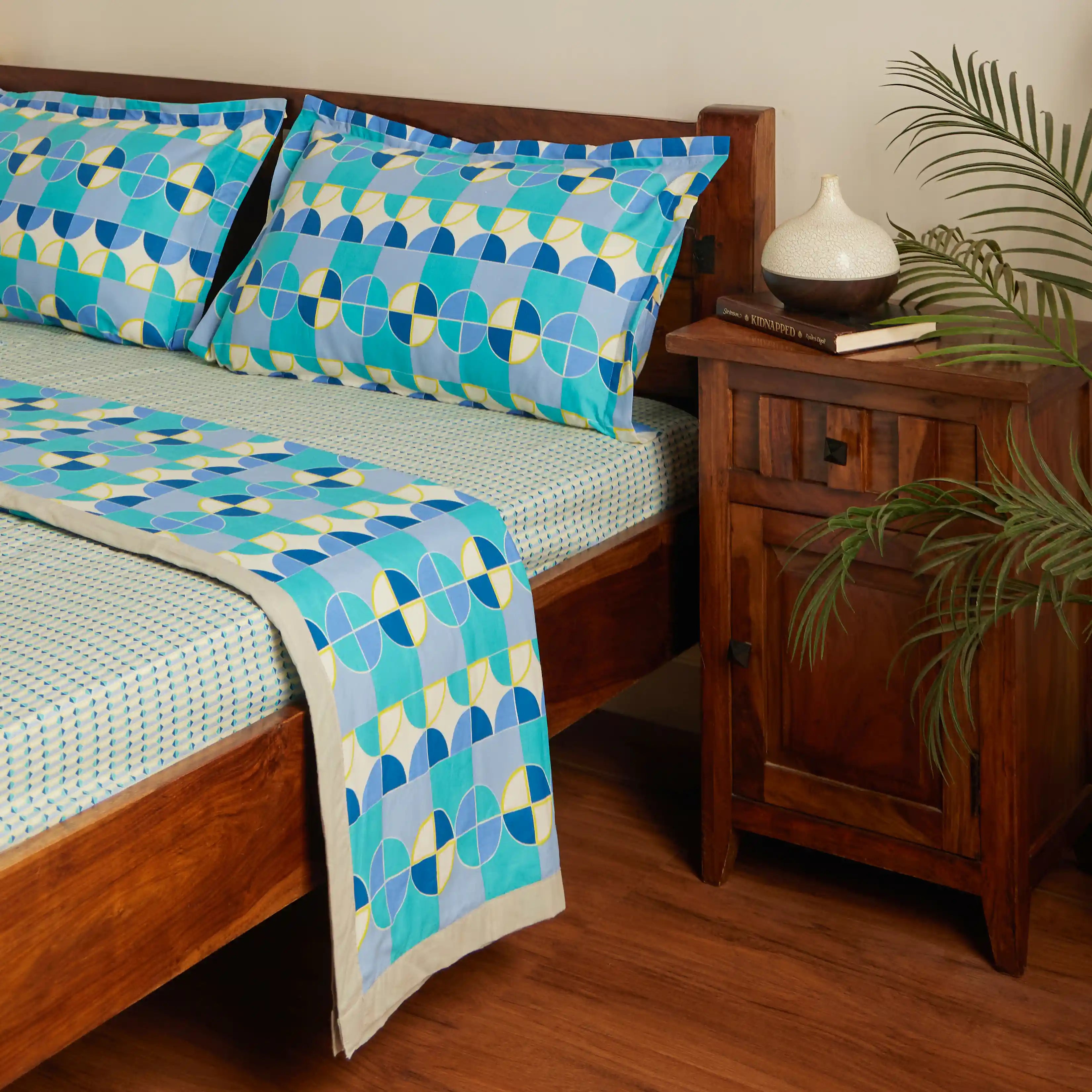 Mishella Printed Kaleido Teal Bedding Set-2 (Dbl Bedsheet + 2 Sgl Dohar) Kaleido Teal / Double
