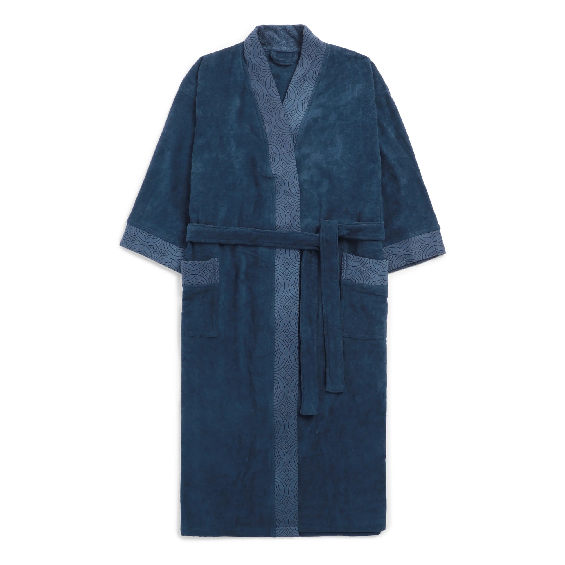 De Jacquard 100% Cotton Bathrobe Navy Blue / Large