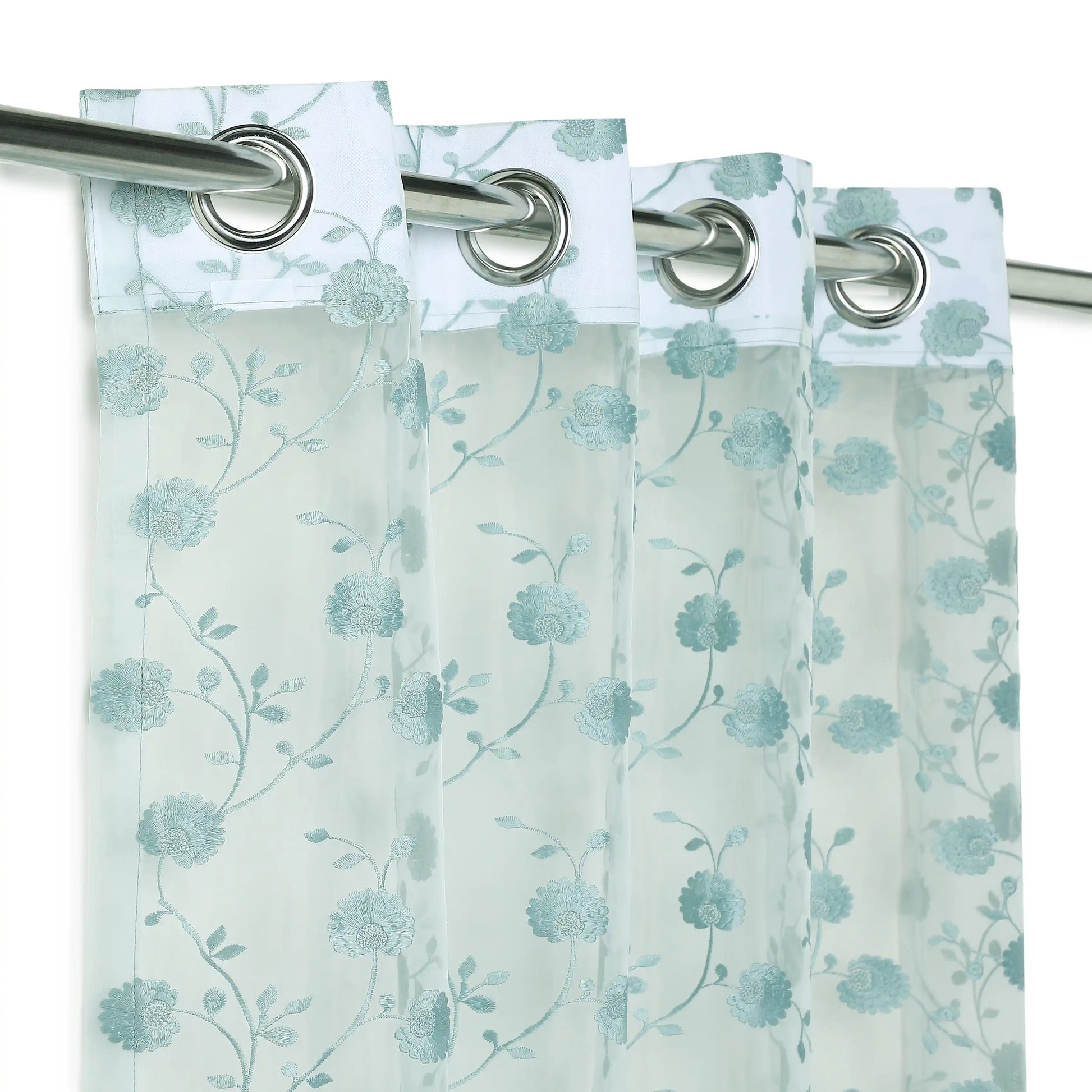Velina Set Of 2 Embroidered Sheer Readymade Curtains | Vintage Chintz Emerald Teal / Door (3.60ft X 7.22ft)