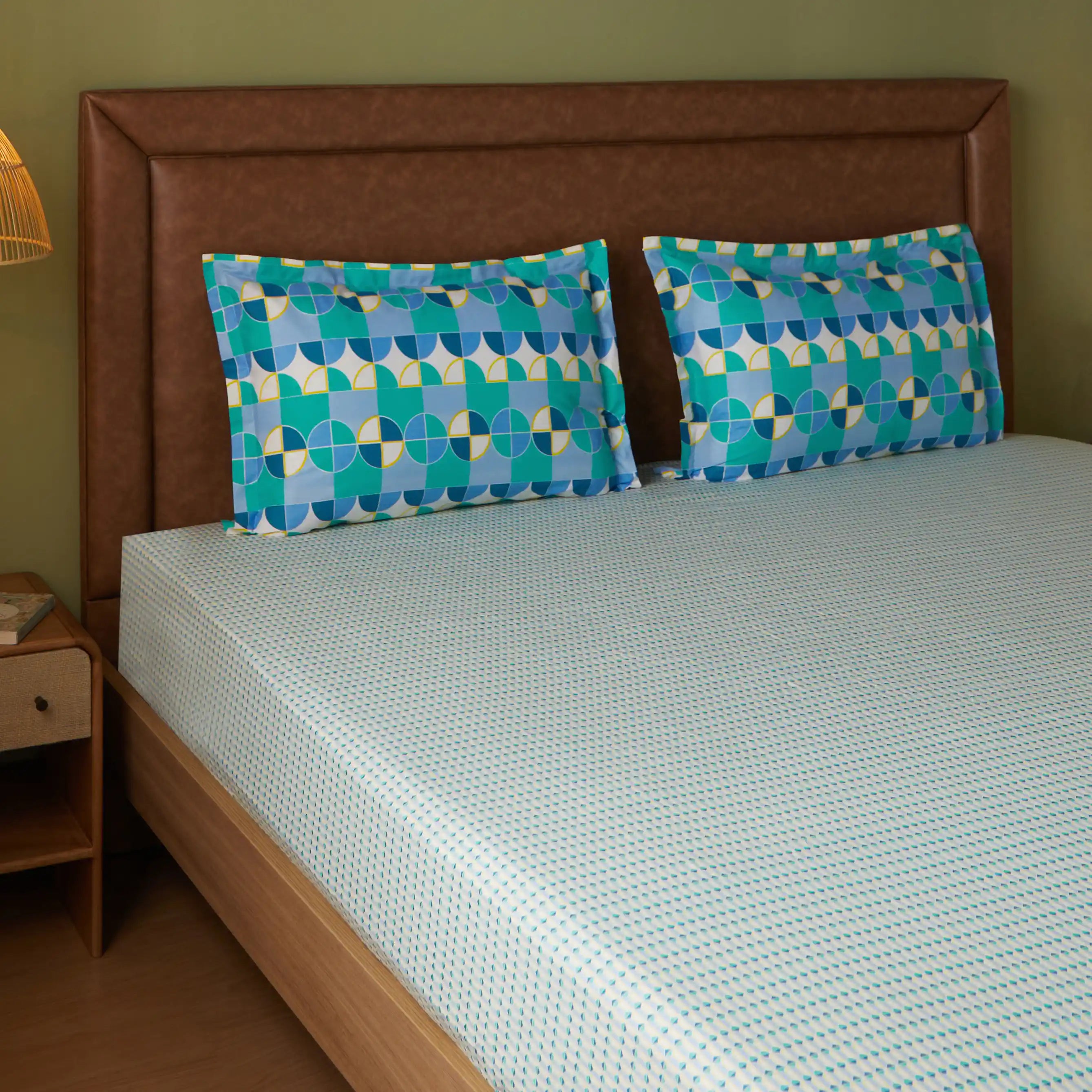 Mishella | Mix & Match Printed Cotton Bedsheet Set - Kaleido Teal Kaleido Teal / Queen