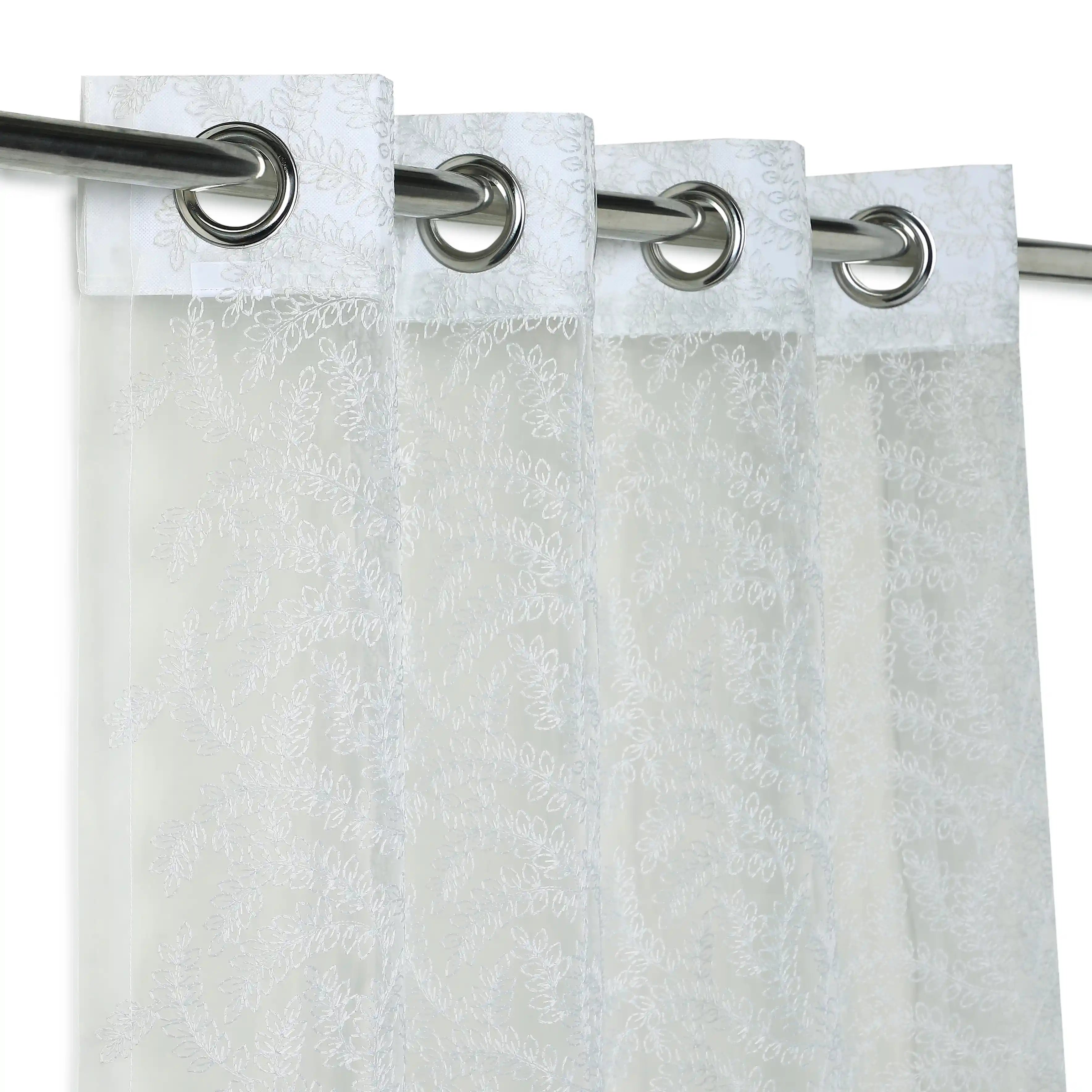 Velina Set Of 2 Embroidered Sheer Readymade Curtains | Urban Forest Soft Sky / Door (3.60ft X 7.22ft)