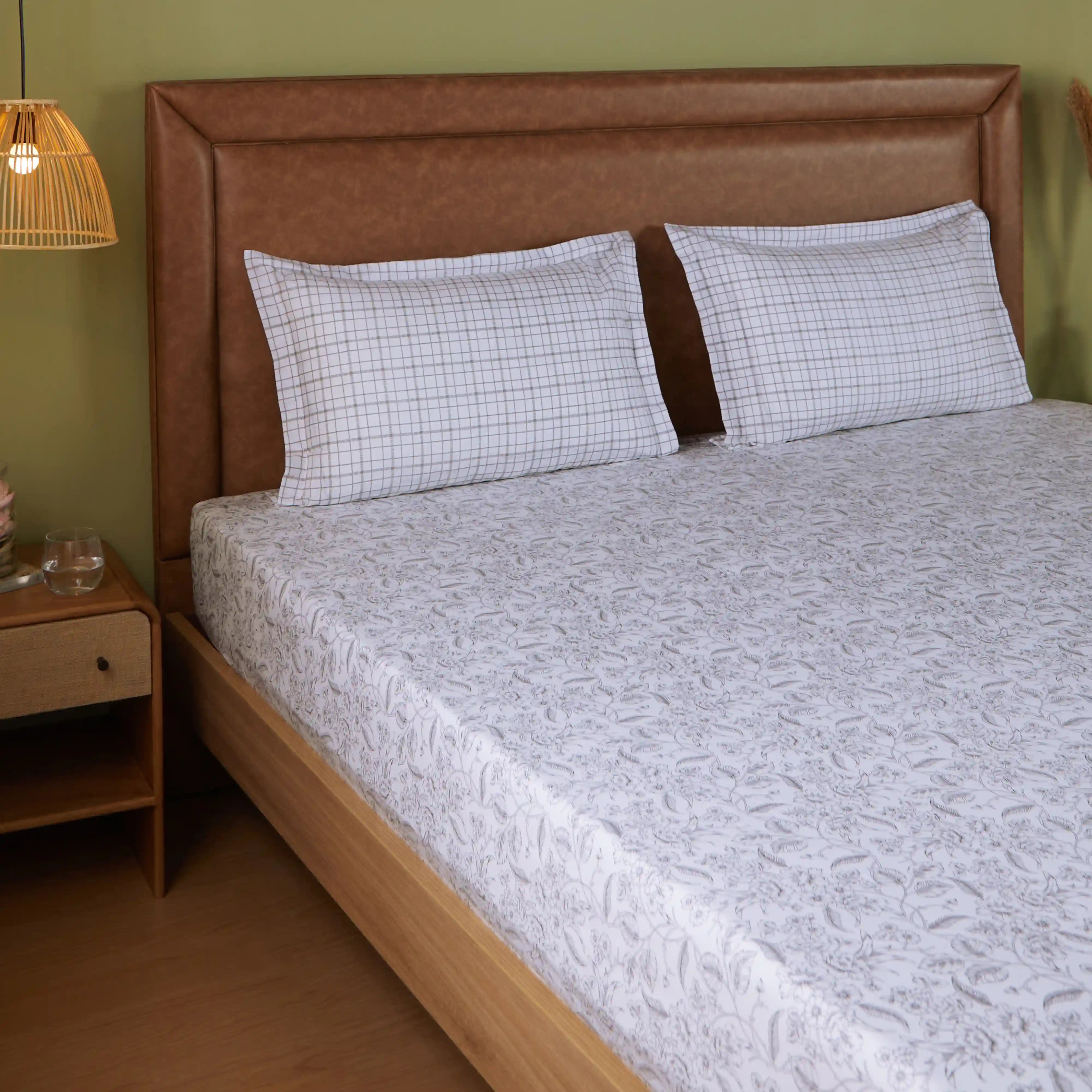 Mishella | Mix & Match Printed Cotton Bedsheet Set - Charcoal Bloom Charcoal Bloom / Queen