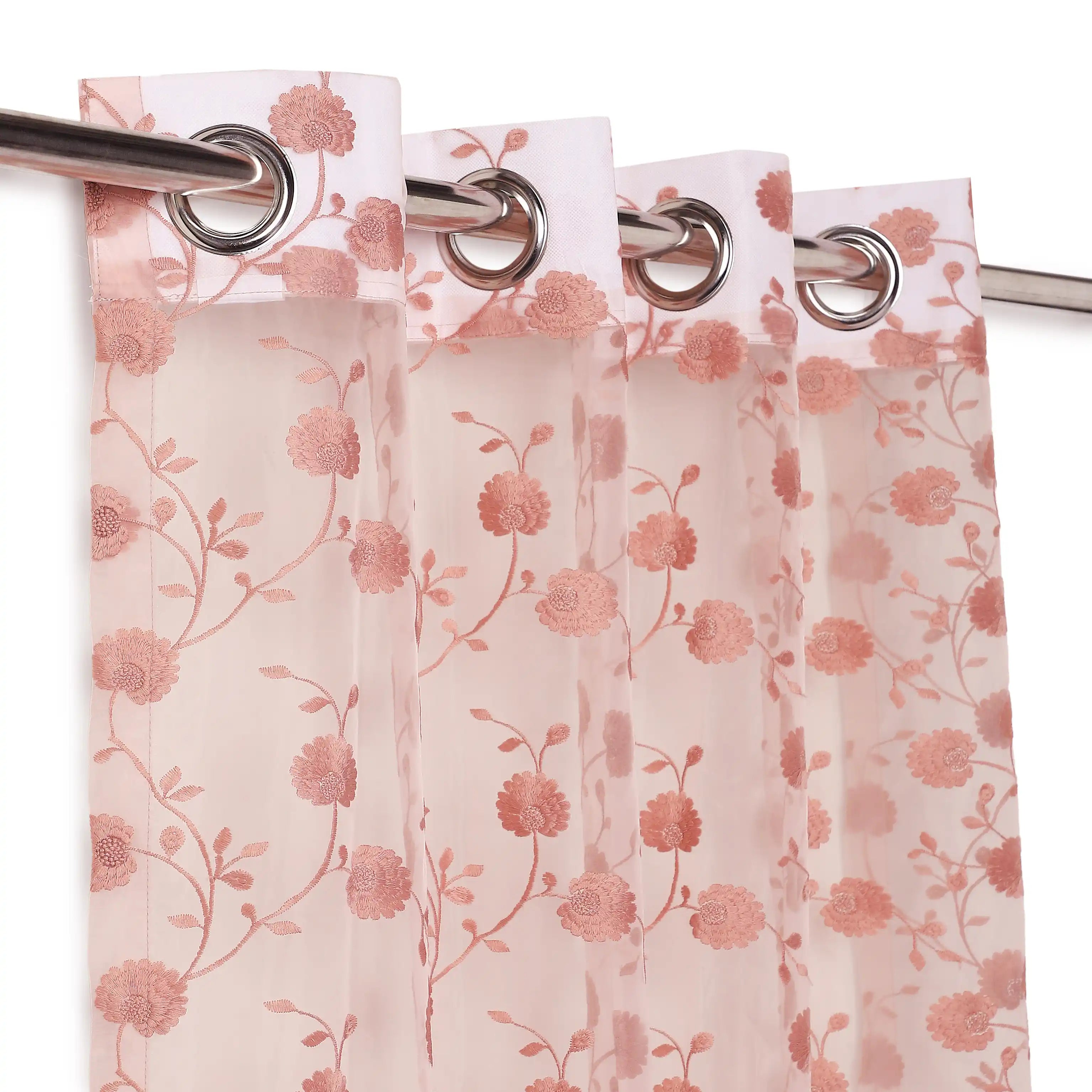 Velina Set Of 2 Embroidered Sheer Readymade Curtains | Vintage Chintz Powder Pink / Door (3.60ft X 7.22ft)