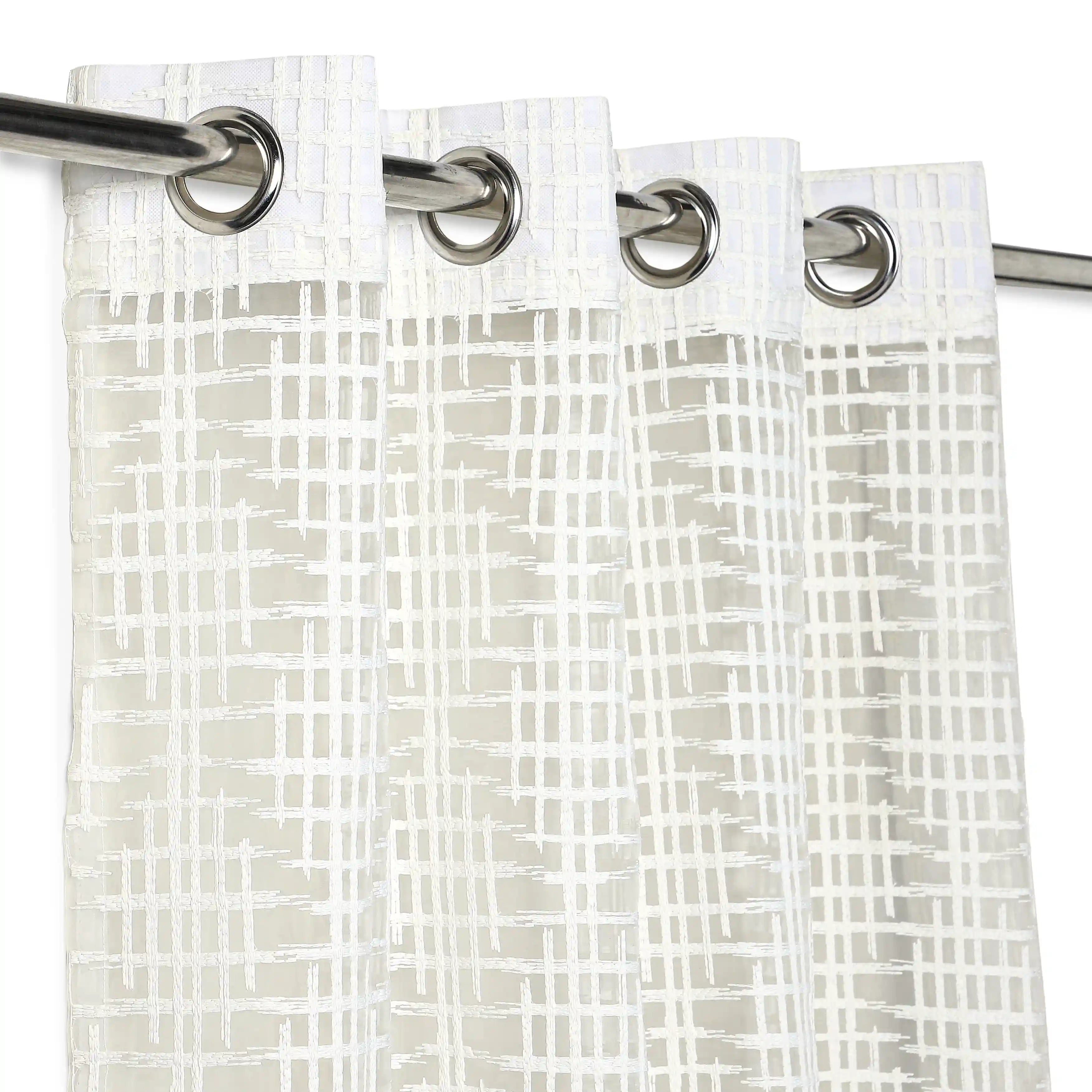 Meriga Set Of 2 Embroidered Sheer Readymade Curtains | Checkered Bliss Cotton Breeze / Door (4.25ft X 7.22ft)
