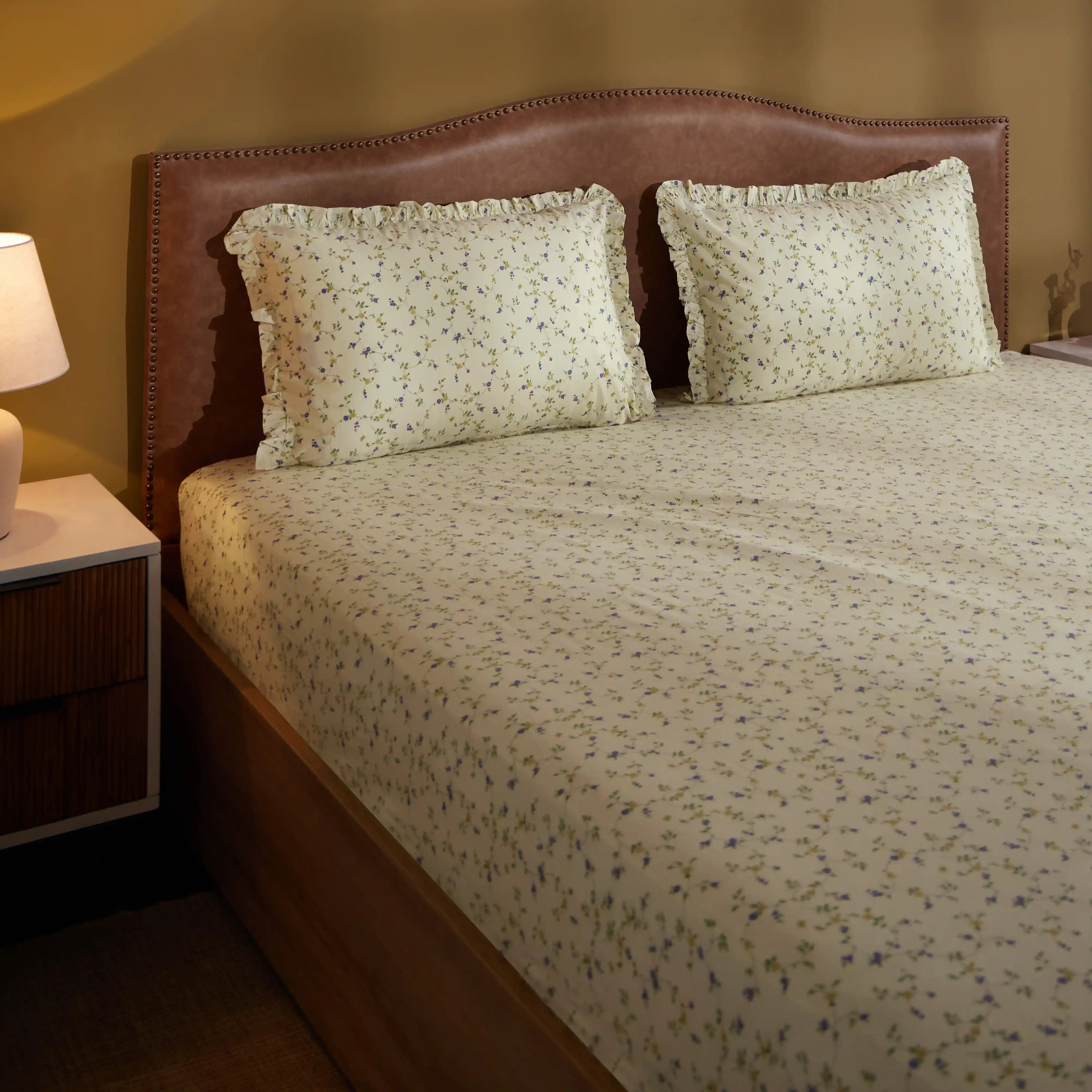 Bloomshire Luxe Printed Fitted Sheet Set-Cream Bloom Cream Bloom / King