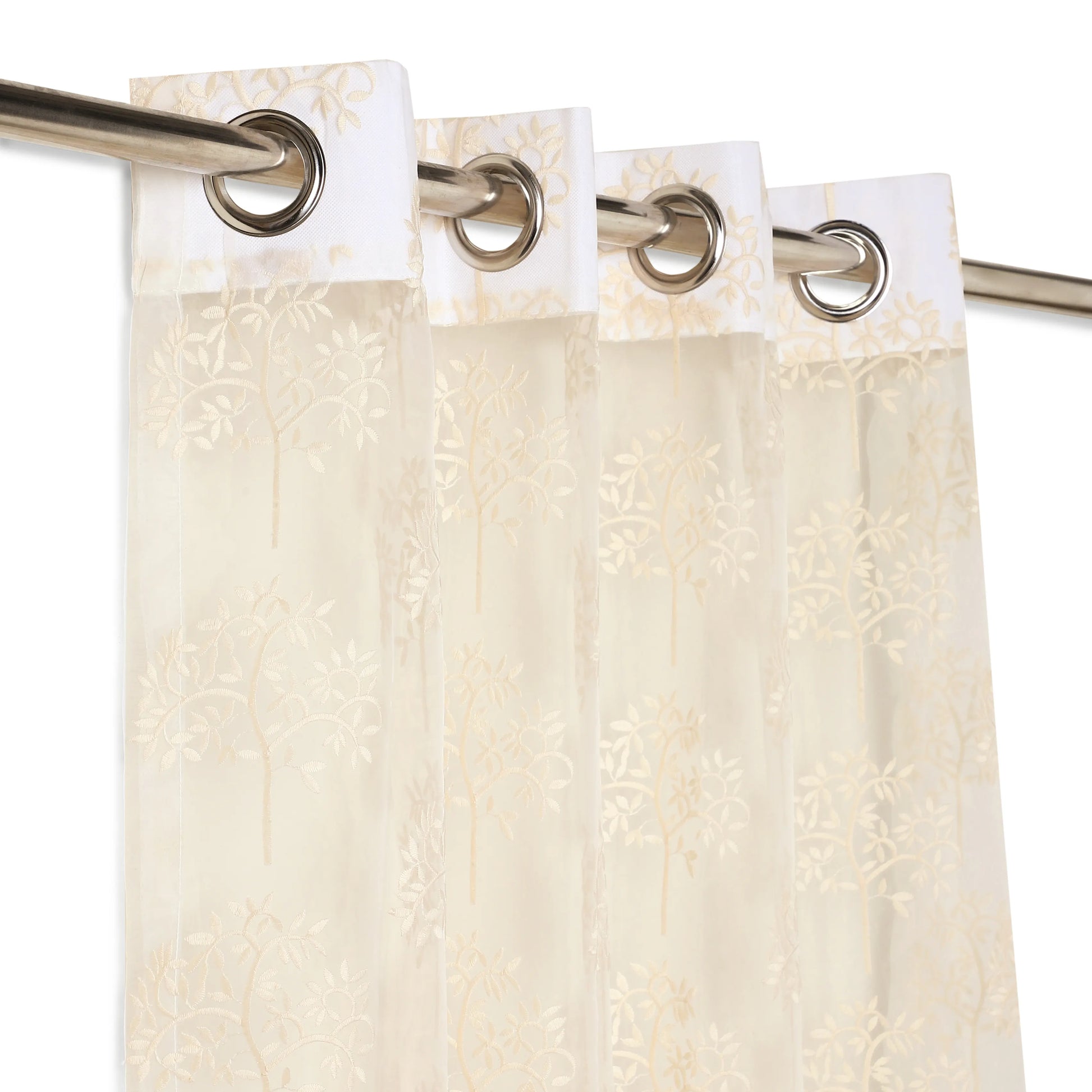 Velina Set Of 2 Embroidered Sheer Readymade Curtains | Botanical Trails Almond Silk / Door (3.60ft X 7.22ft)