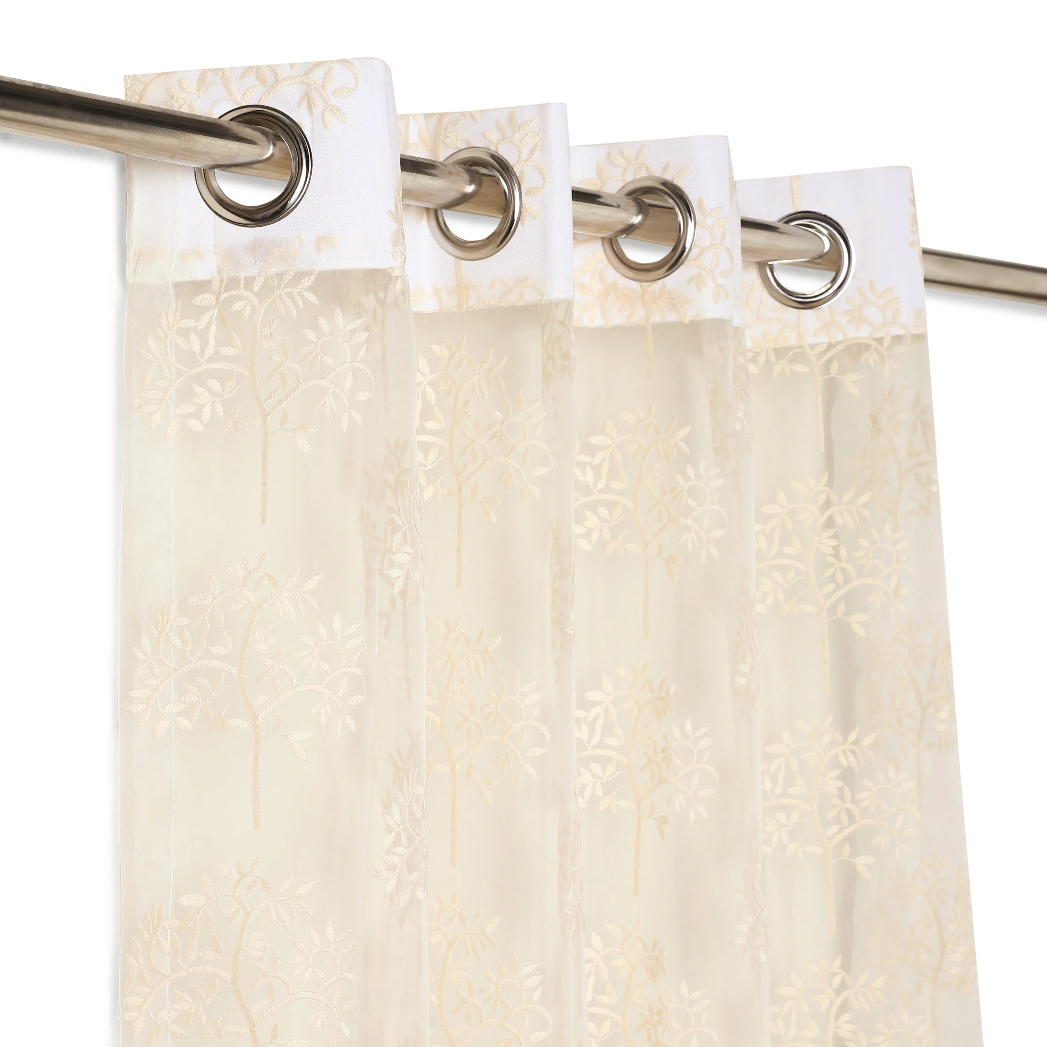 Velina Set Of 2 Embroidered Sheer Readymade Curtains | Botanical Trails Almond Silk / Door (3.60ft X 7.22ft)