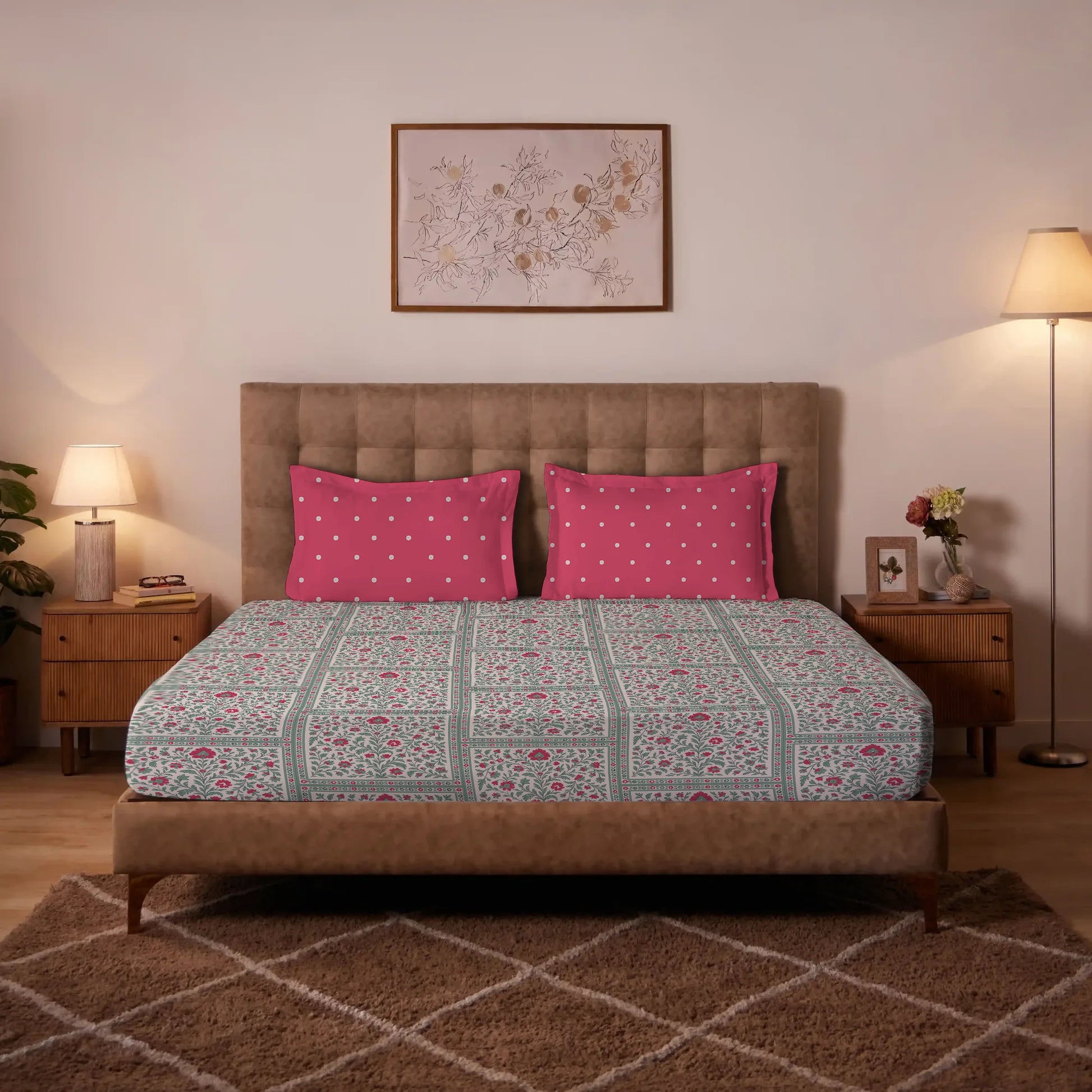 Aangan Weaves | Ethnic Printed Cotton Bedsheet Set - Indian Pink Indian Pink / Queen