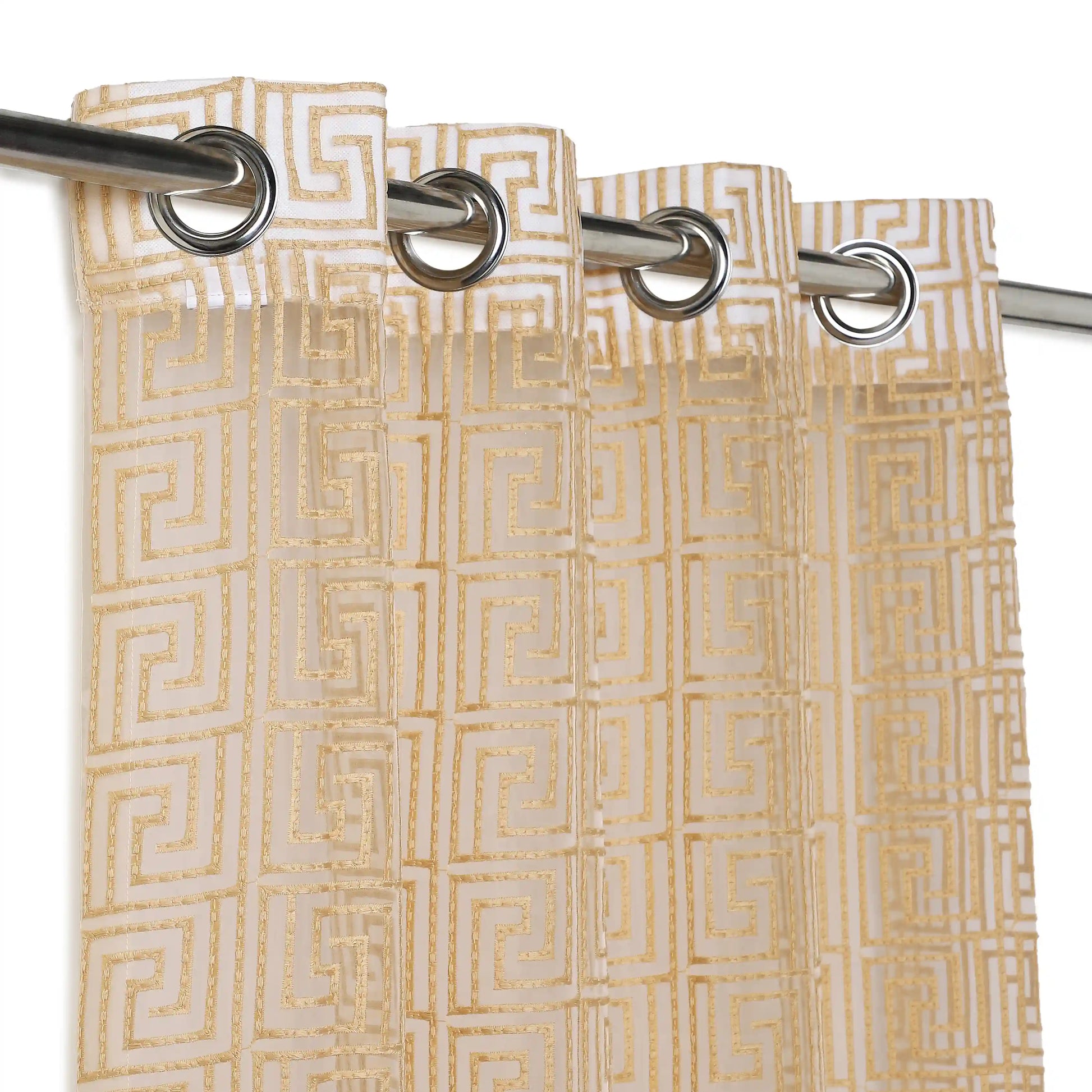 Velina Set Of 2 Embroidered Sheer Readymade Curtains | Modern Maze Gold / Door (3.60ft X 7.22ft)