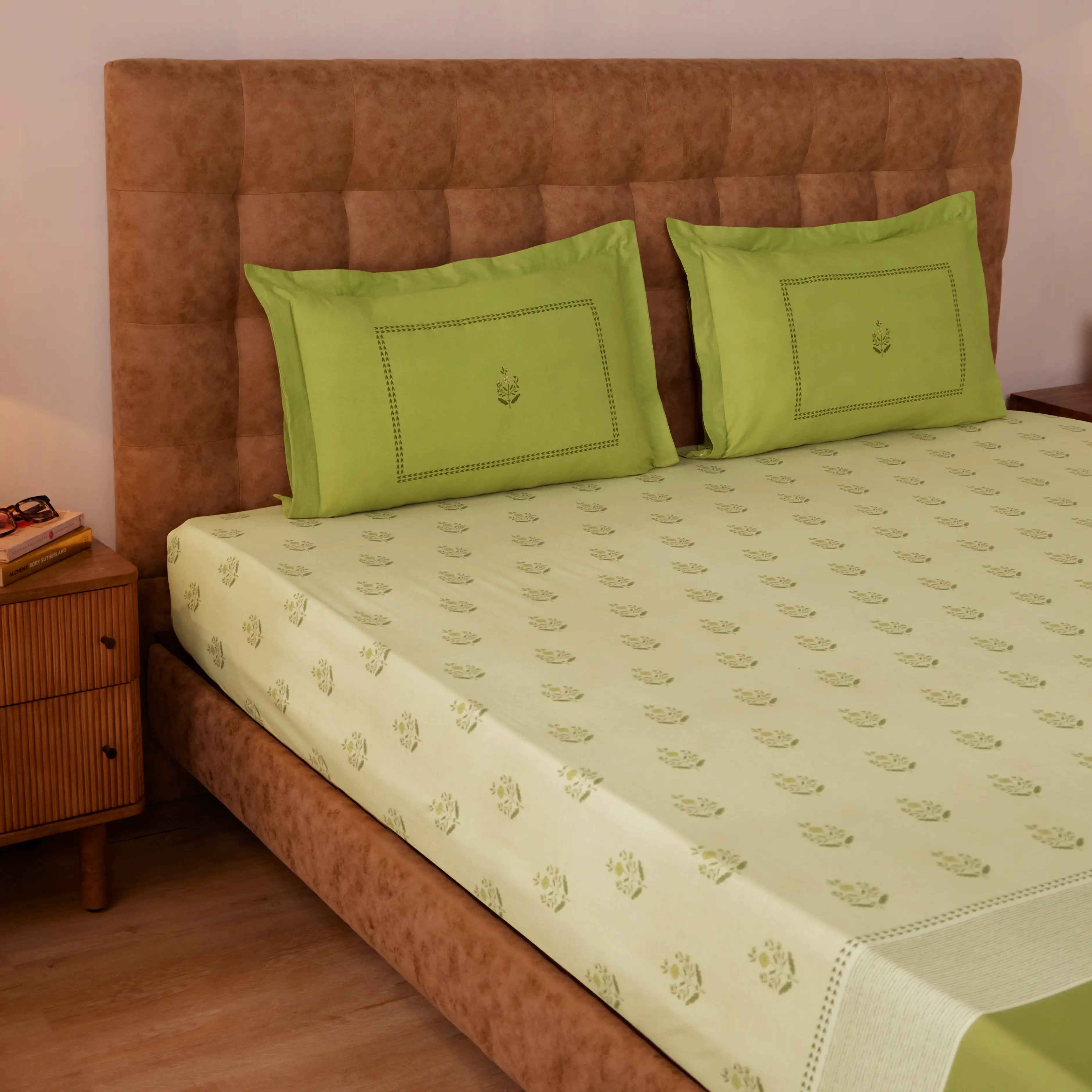 Chippa Lane | Contemporary Indian Print Design Cotton Bedsheet Set-Indian Moss Indian Moss / Double
