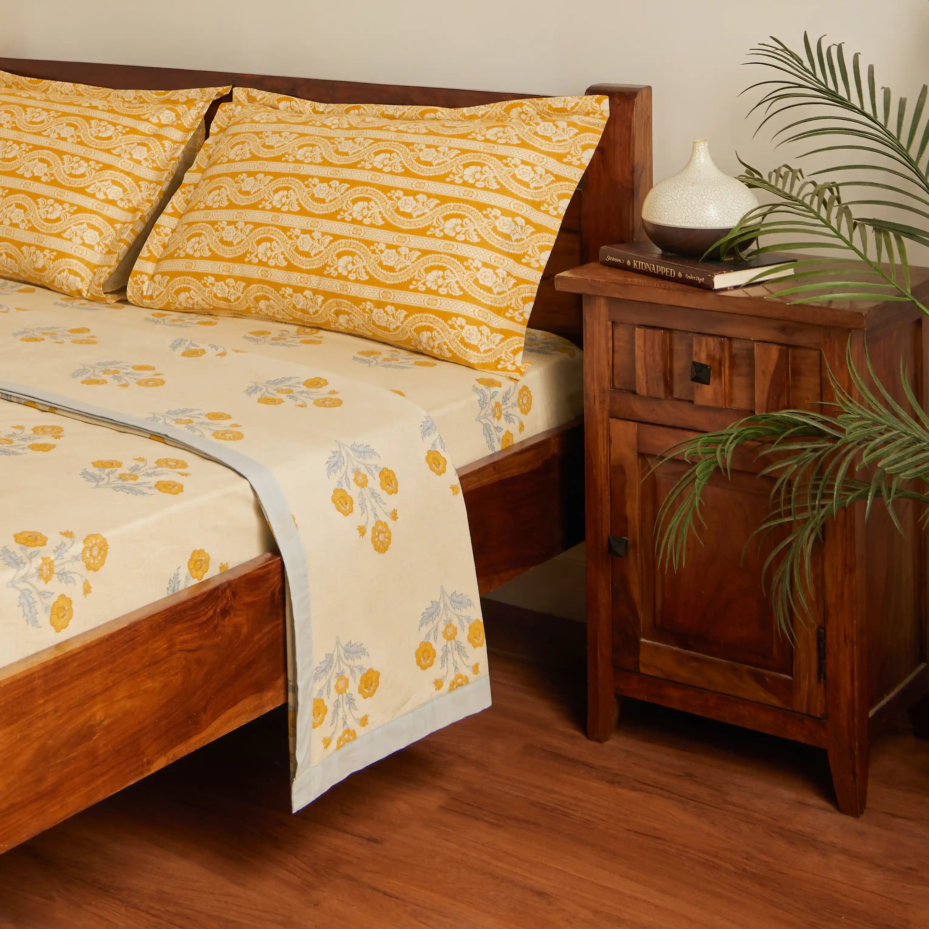 Chippa Lane | Contemporary Indian Print Design Coordinated Bedding Set | Set of Bedsheet & Dohars-Ochre Ochre / Double