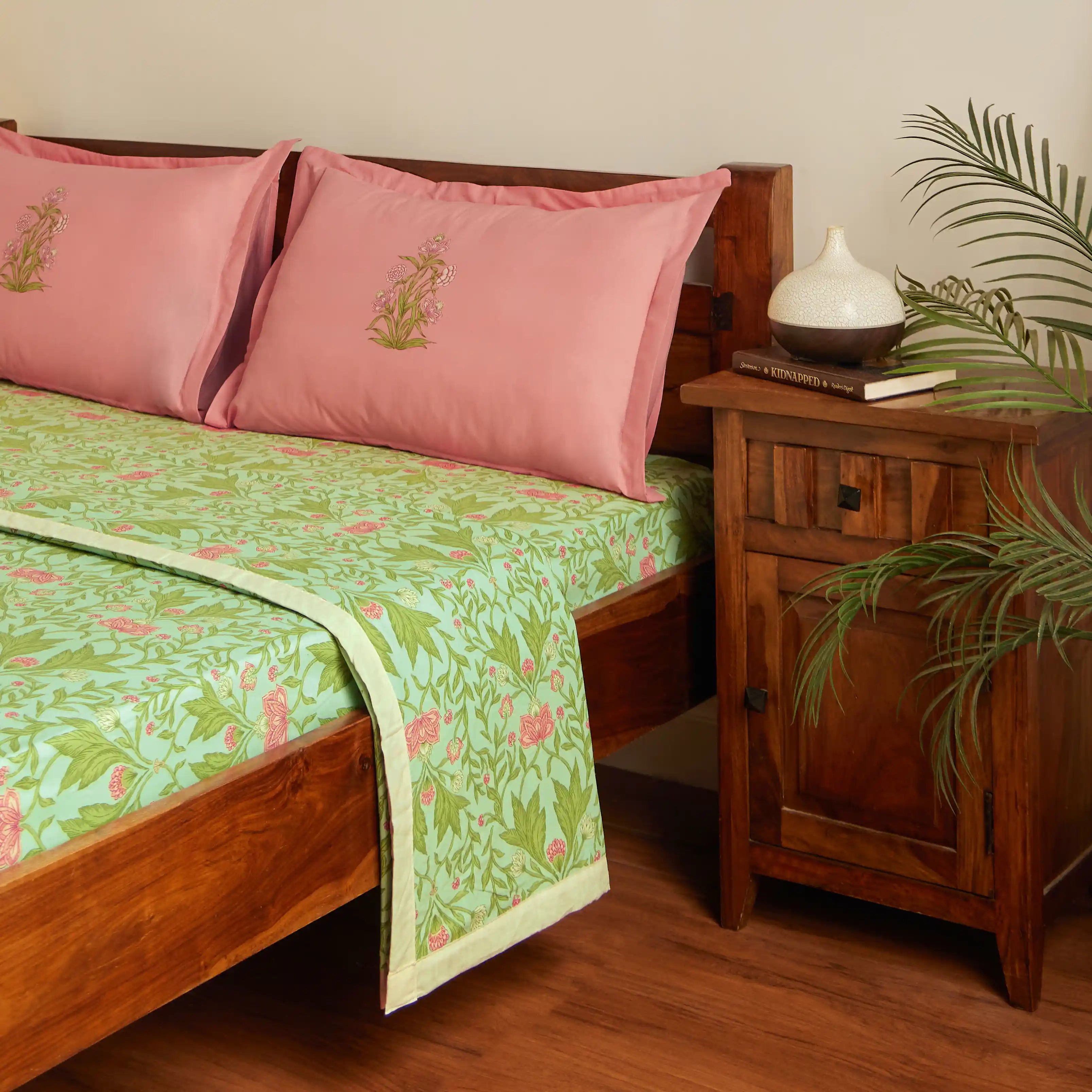 Chippa Lane | Contemporary Indian Print Design Coordinated Bedding Set | Set of Bedsheet & Dohars-Sage Mint Sage Mint / Double
