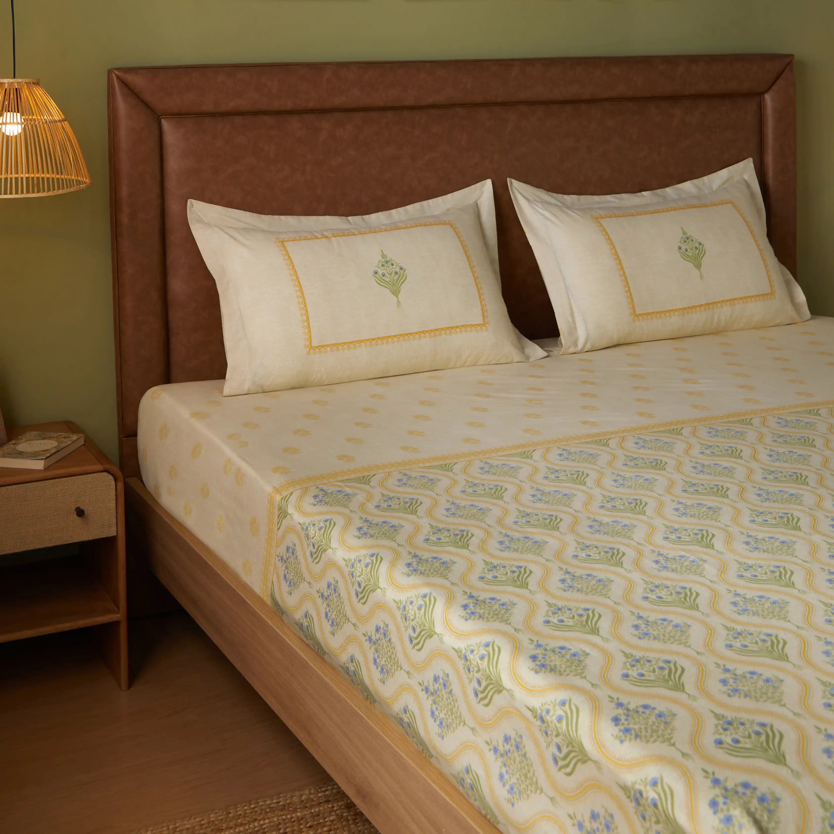 Chippa Lane | Contemporary Indian Print Design Cotton Fitted Sheet Set-Mustard Mustard / Queen