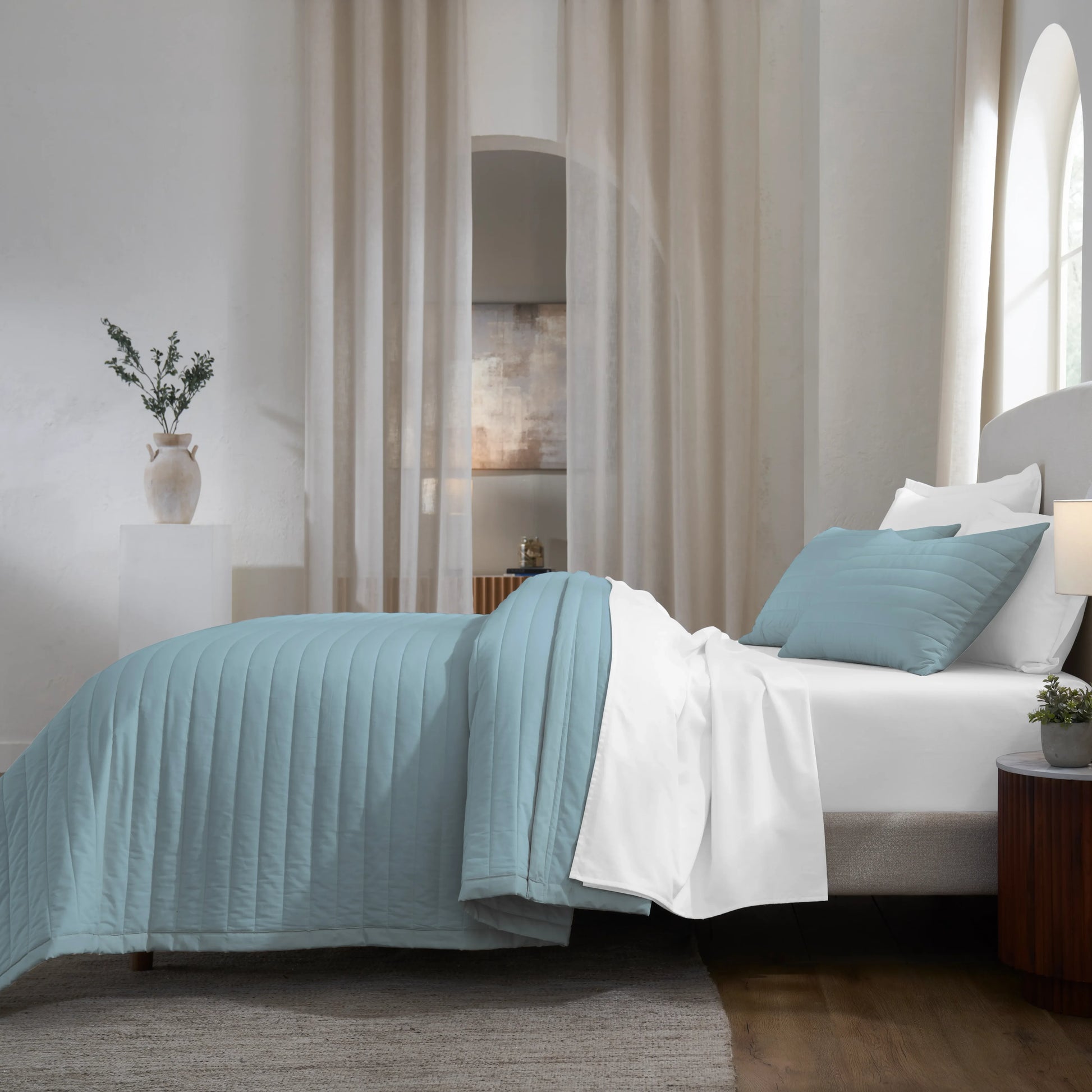 Nuvola | Luxurious Solid Dyed Straight Quilted Cotton Bedcover Set French Blue