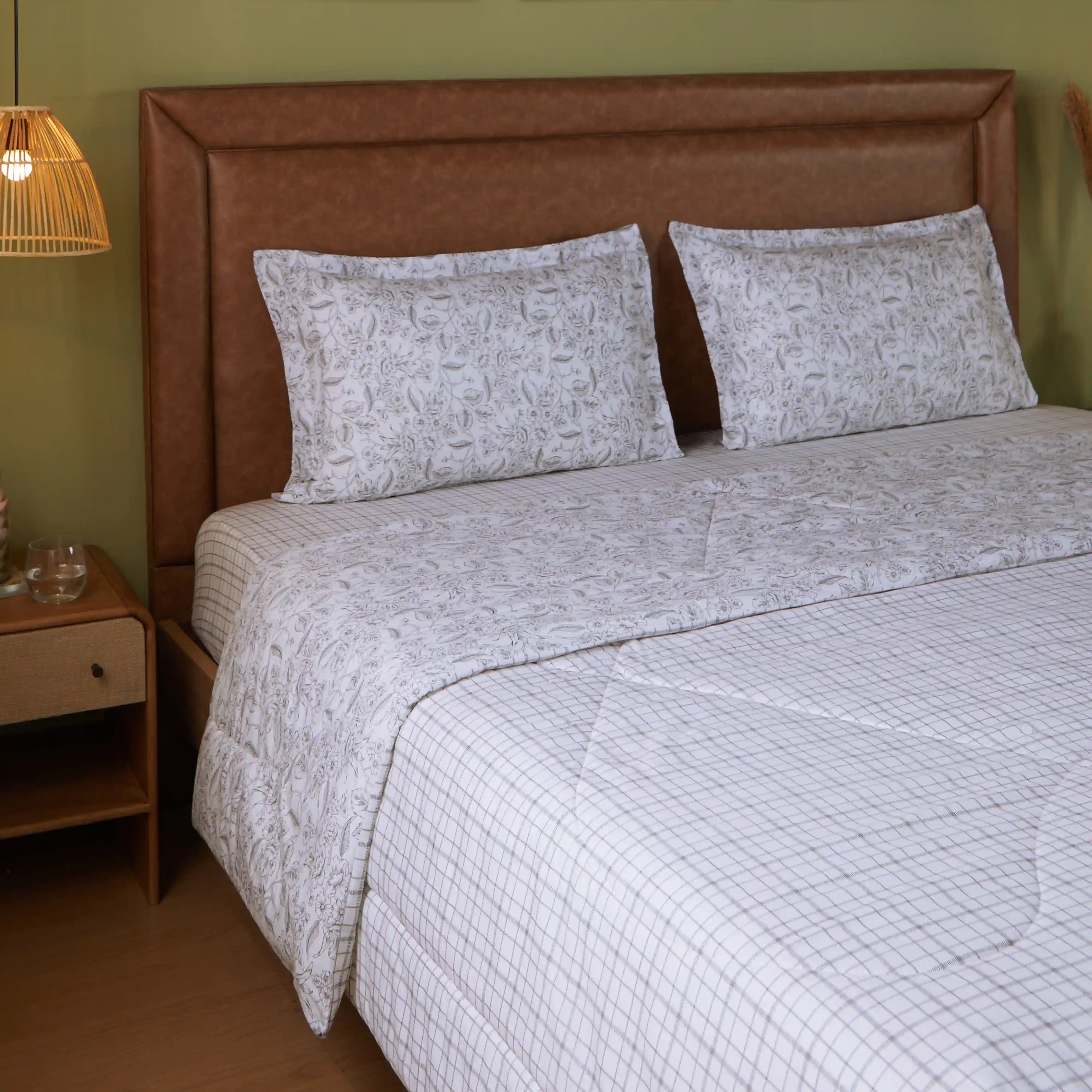 Mishella Printed Charcoal Checks Bedding Set-3 (Dbl Bedsheet + Dbl Comforter) Charcoal Checks / Double