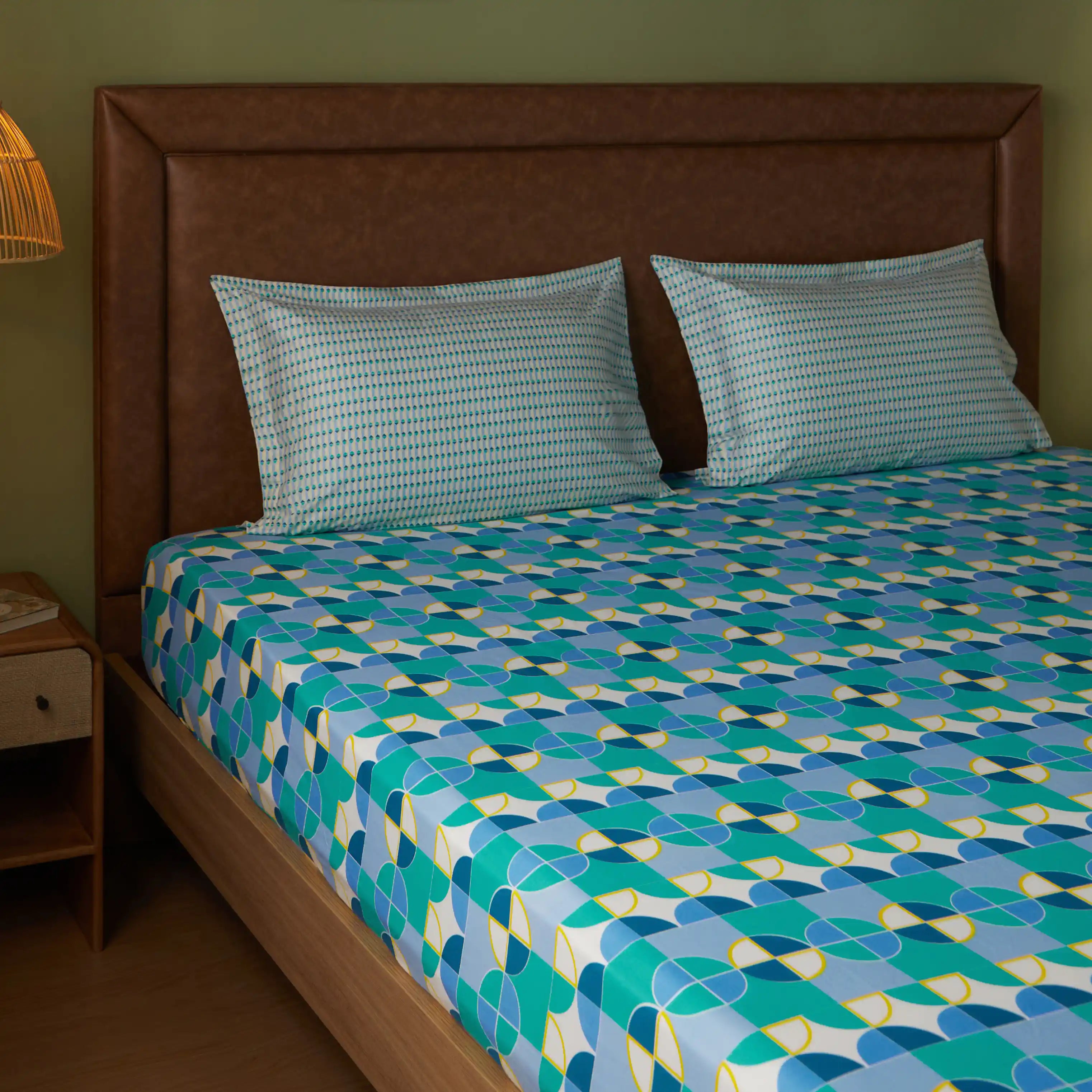 Mishella | Mix & Match Printed Cotton Bedsheet Set - Orbit Teal Orbit Teal / King