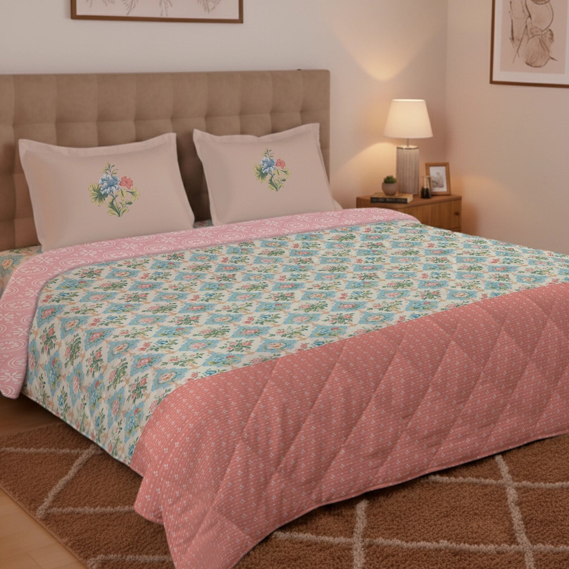 Udyan Tales | Enchanted Floral Printed Bedding Set - Set of Bedsheet & Comforter - Flamingo Pink Flamingo Pink / King