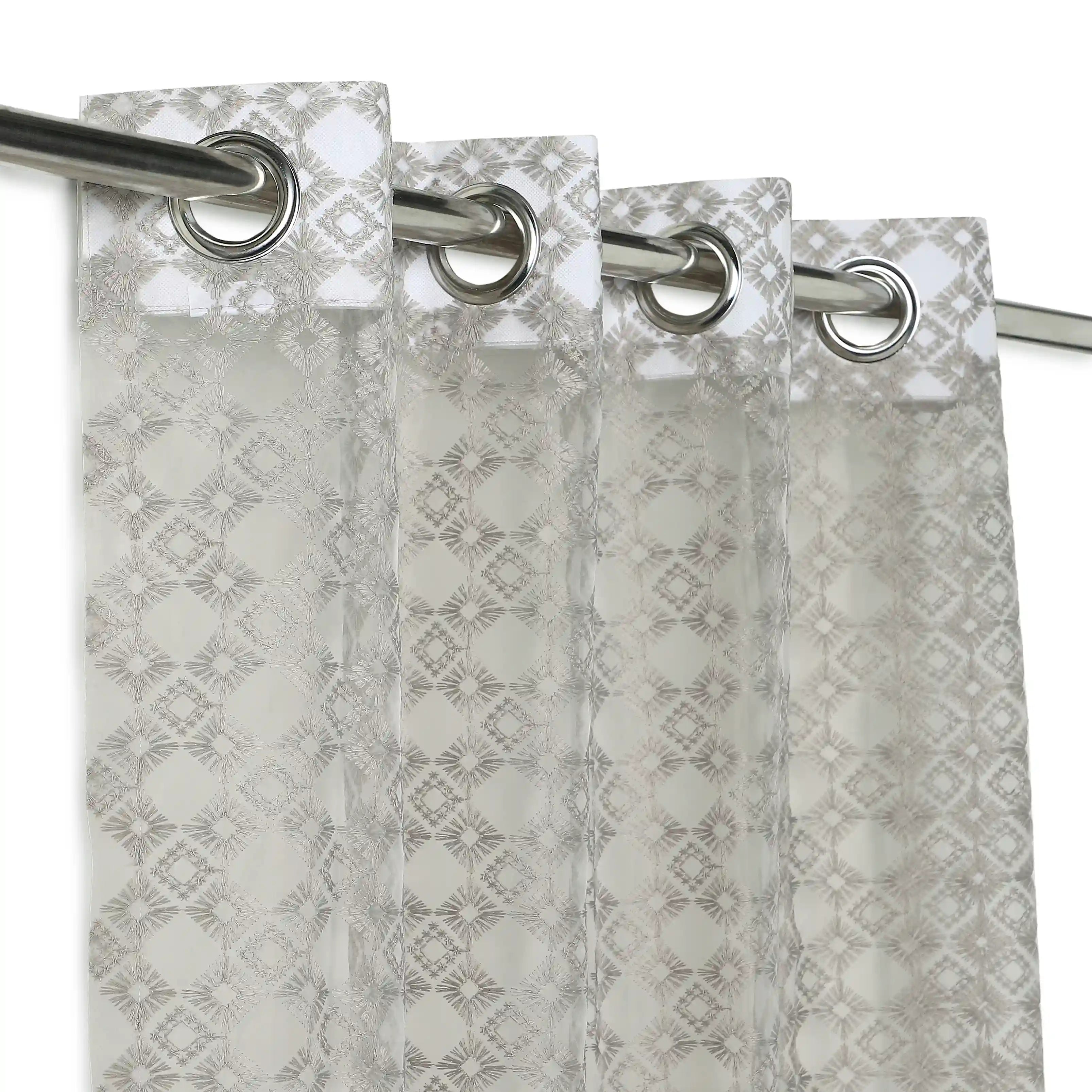 Velina Set Of 2 Embroidered Sheer Readymade Curtains | Modern Heritage Urban Slate / Door (3.60ft X 7.22ft)