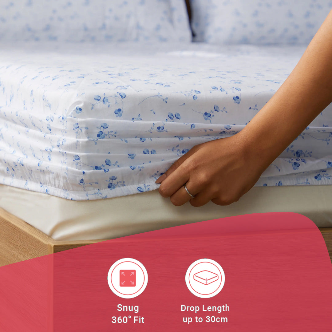 Bloomshire Classic | Everyday Charm Printed Cotton Fitted Sheet Set-Ocean Blue