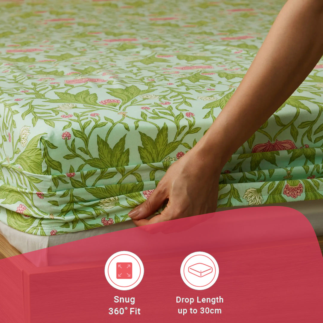 Chippa Lane | Contemporary Indian Print Design Cotton Fitted Sheet Set-Sage Mint