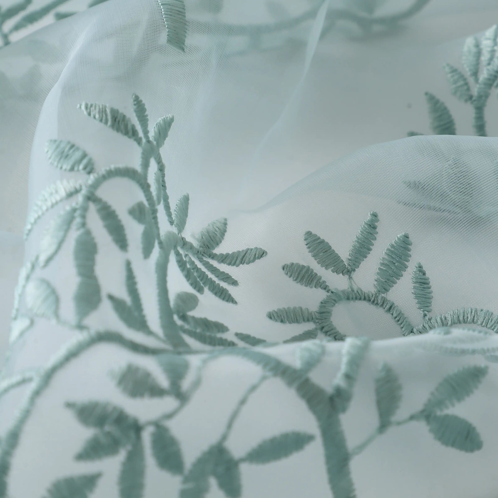 Velina Set Of 2 Embroidered Sheer Readymade Curtains | Botanical Trails Lagoon Blue / Door (3.60ft X 7.22ft)