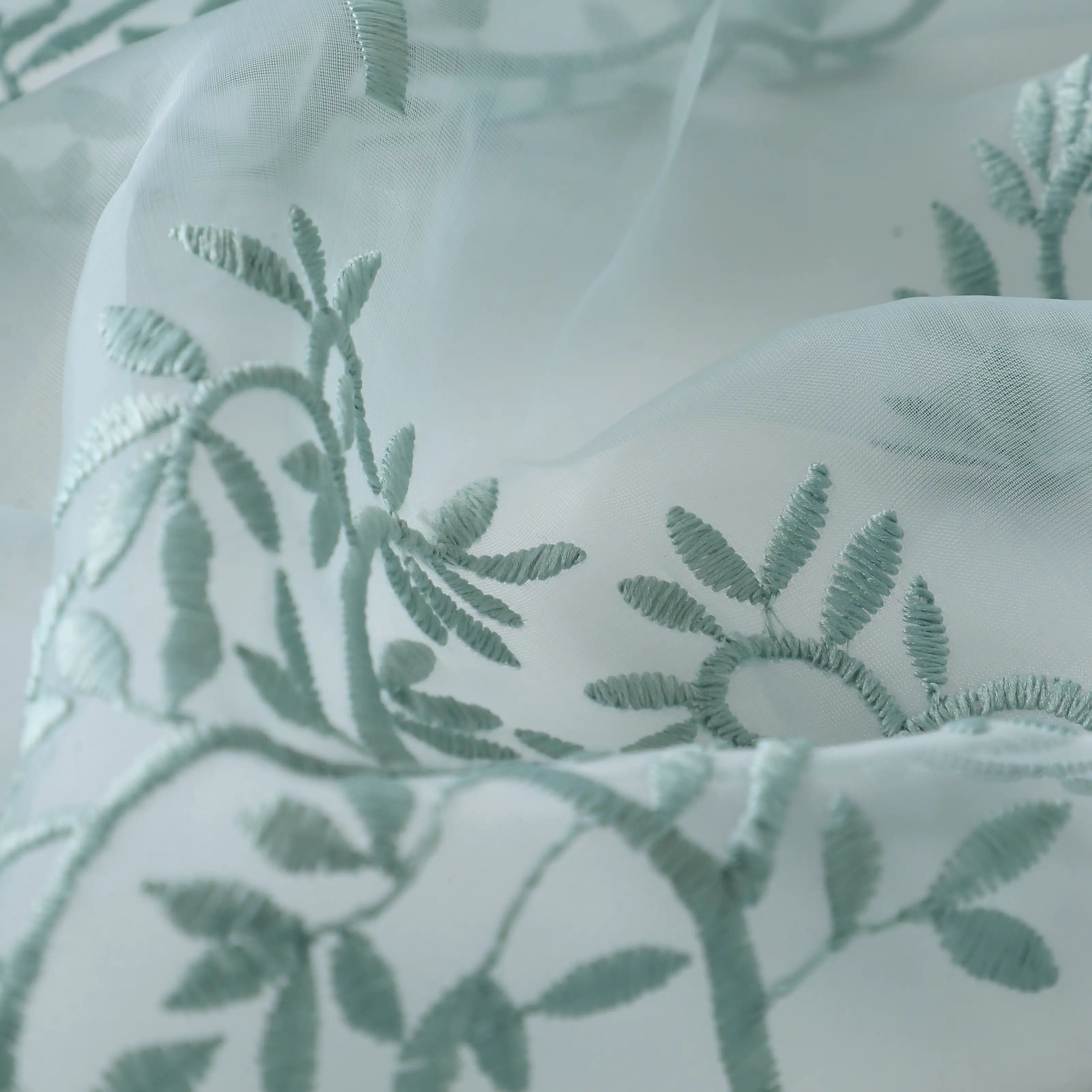 Velina Set Of 2 Embroidered Sheer Readymade Curtains | Botanical Trails Lagoon Blue / Door (3.60ft X 7.22ft)