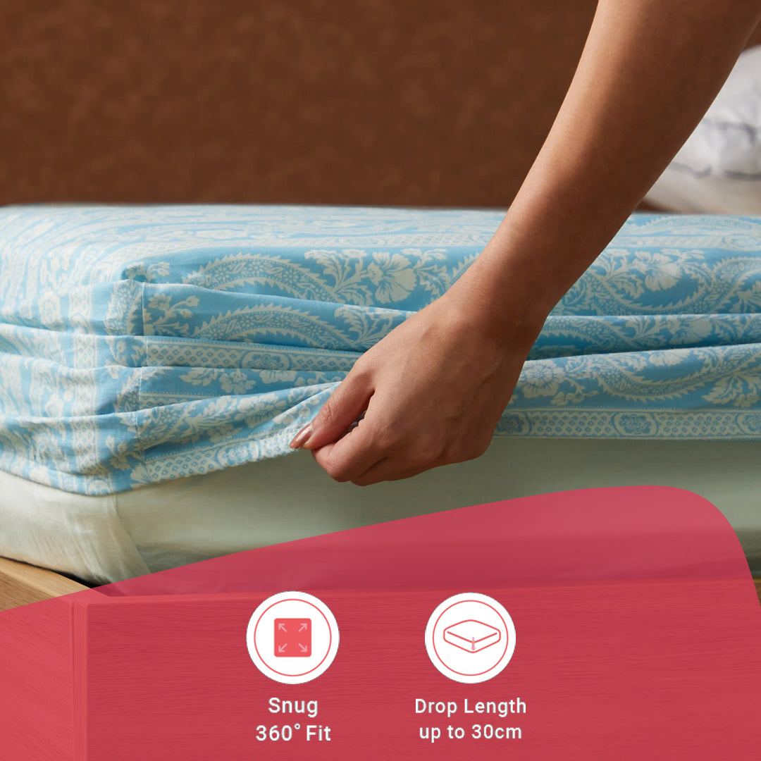 Chippa Lane | Contemporary Indian Print Design Cotton Fitted Sheet Set-Light Blue