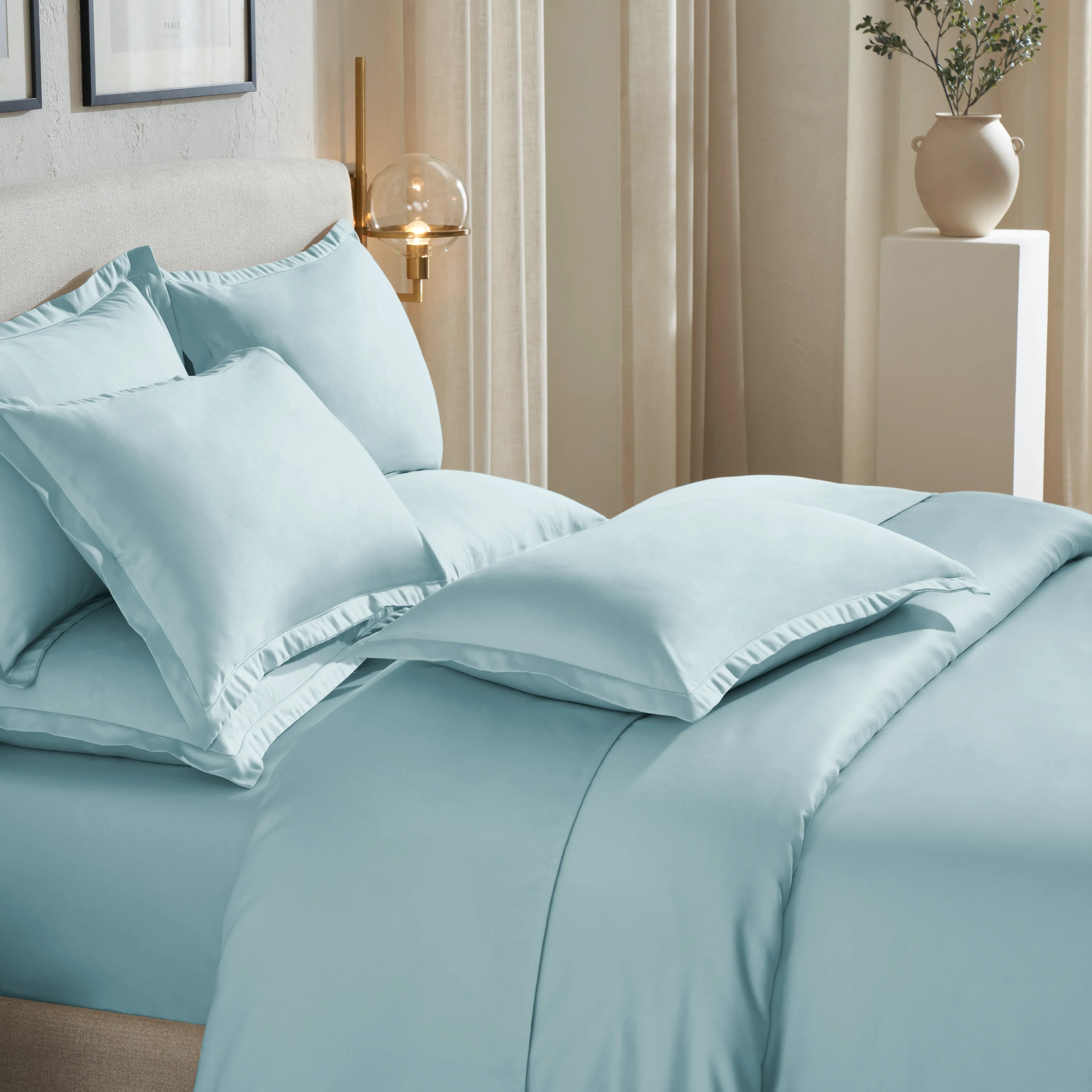 Pelushe | 800TC Long Staple Cotton Luxurious Super Soft Fitted Sheet Set | Pillow Cover with Merrow Hem Treatment Blue Sky / King