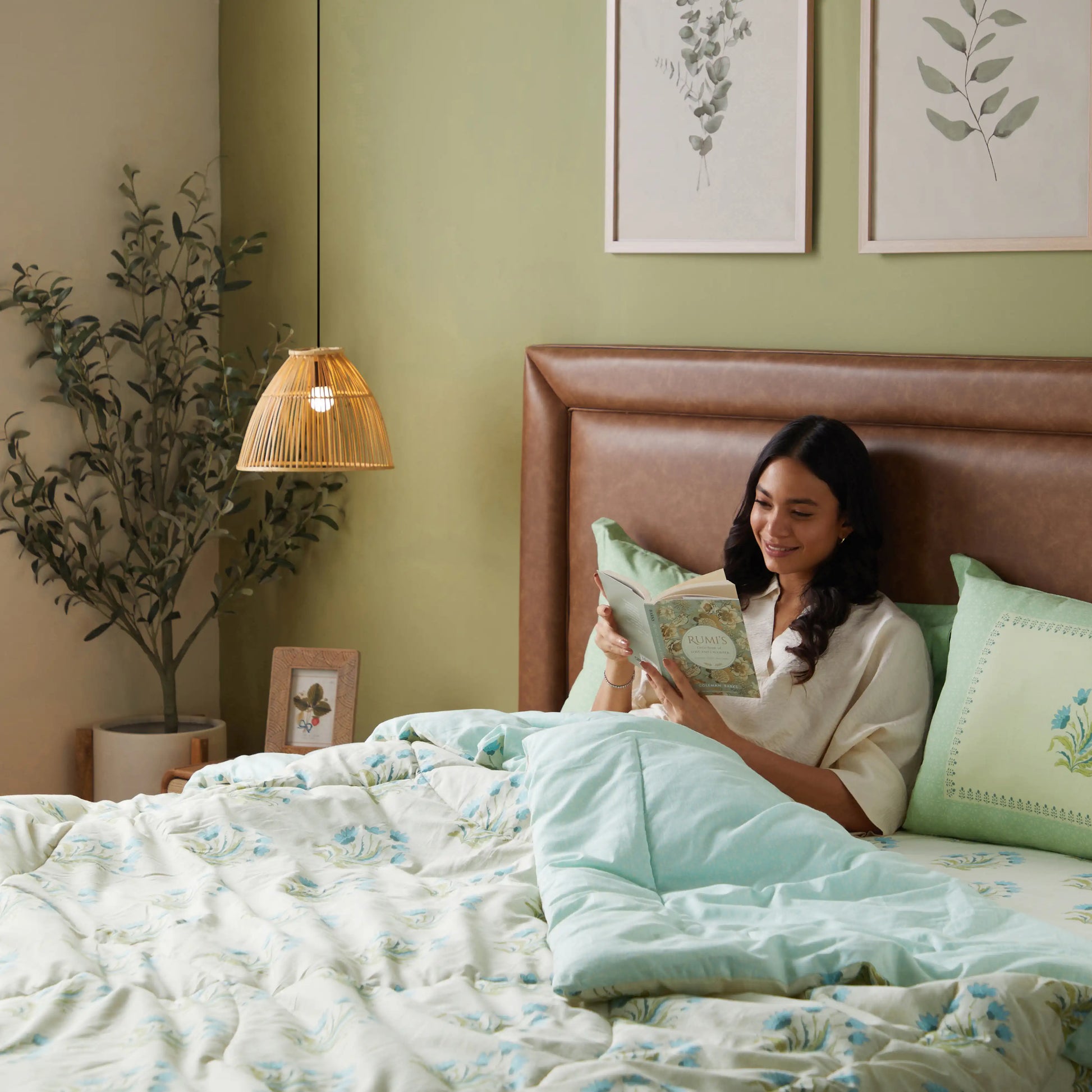 Chippa Lane | Contemporary Indian Print Design Coordinated Bedding Set | Set of Bedsheet & Comforter-Indian Sage Indian Sage / Double