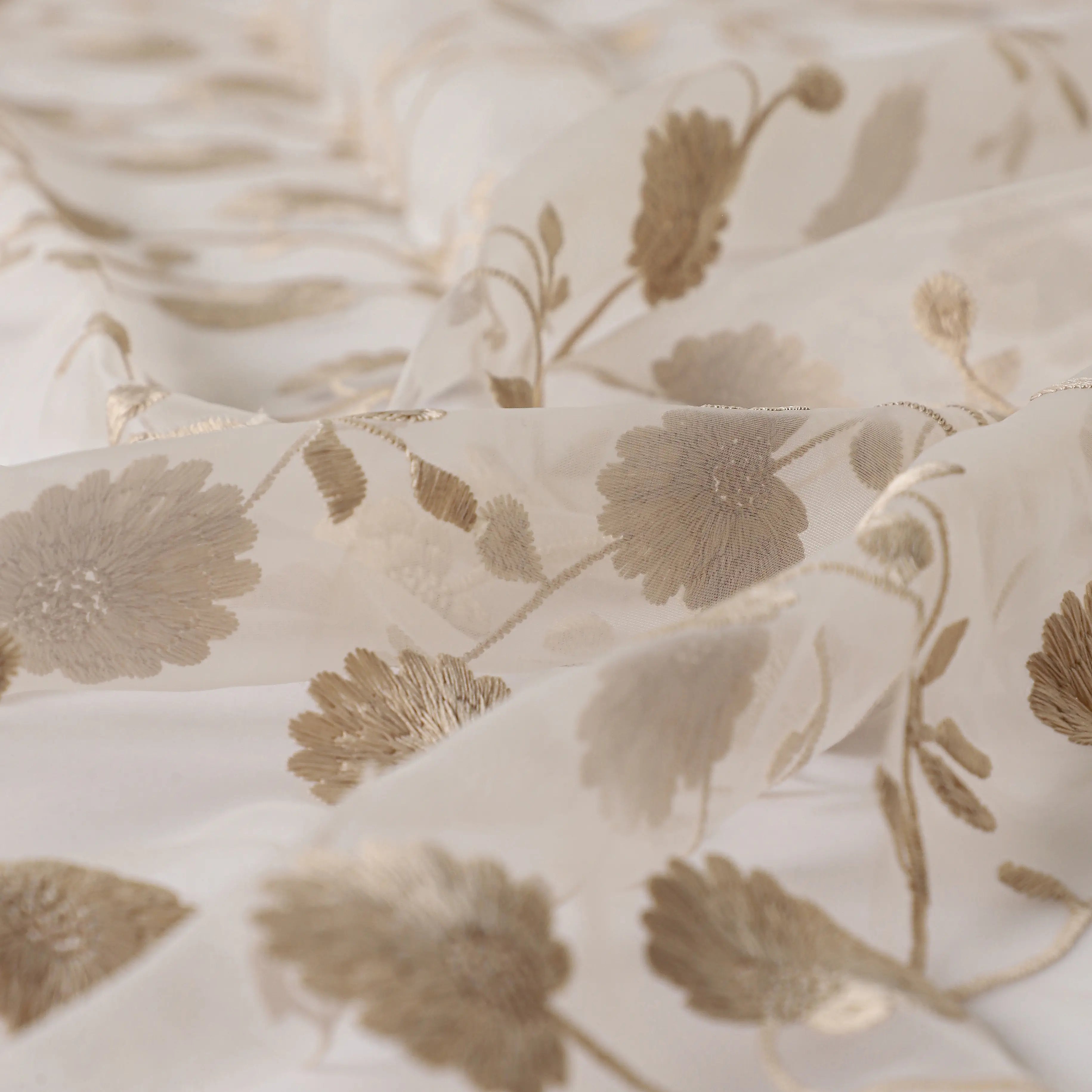 Velina Set Of 2 Embroidered Sheer Readymade Curtains | Vintage Chintz Desert Sand / Door (3.60ft X 7.22ft)