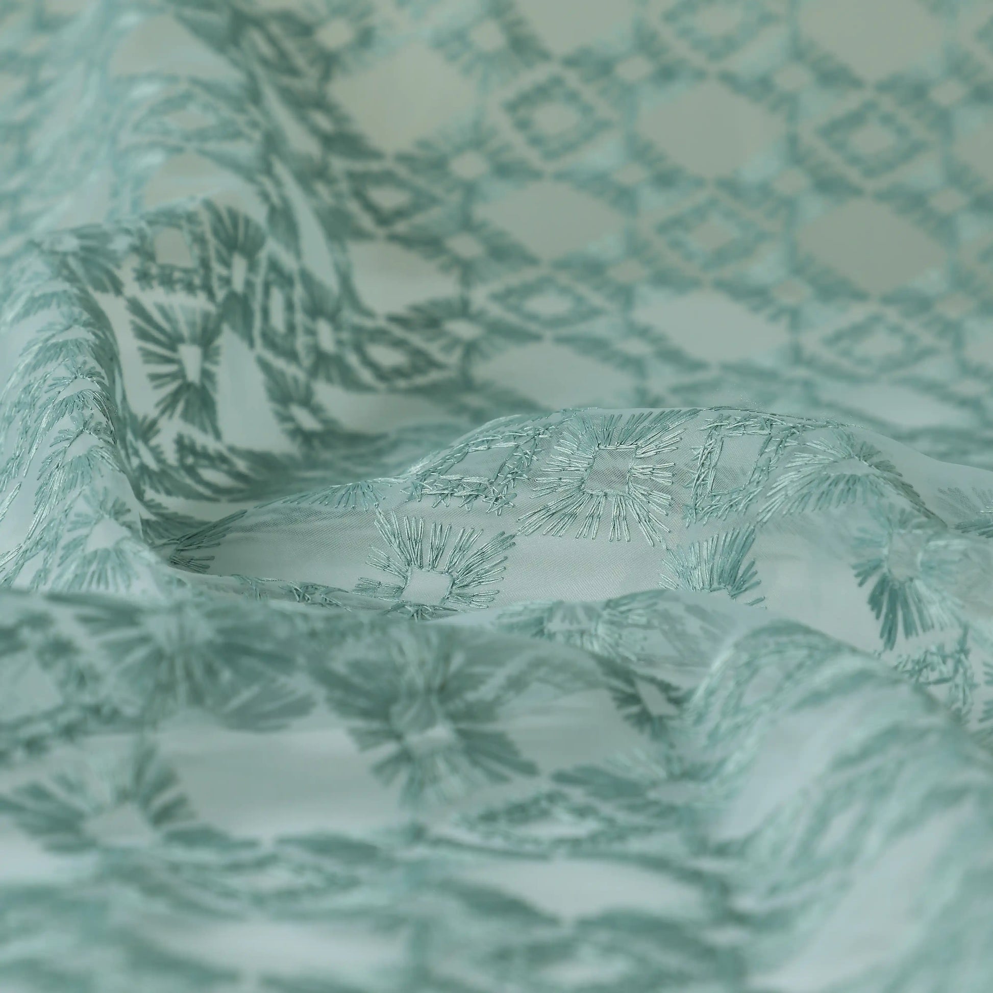 Velina Set Of 2 Embroidered Sheer Readymade Curtains | Modern Heritage Evergreen Teal / Door (3.60ft X 7.22ft)