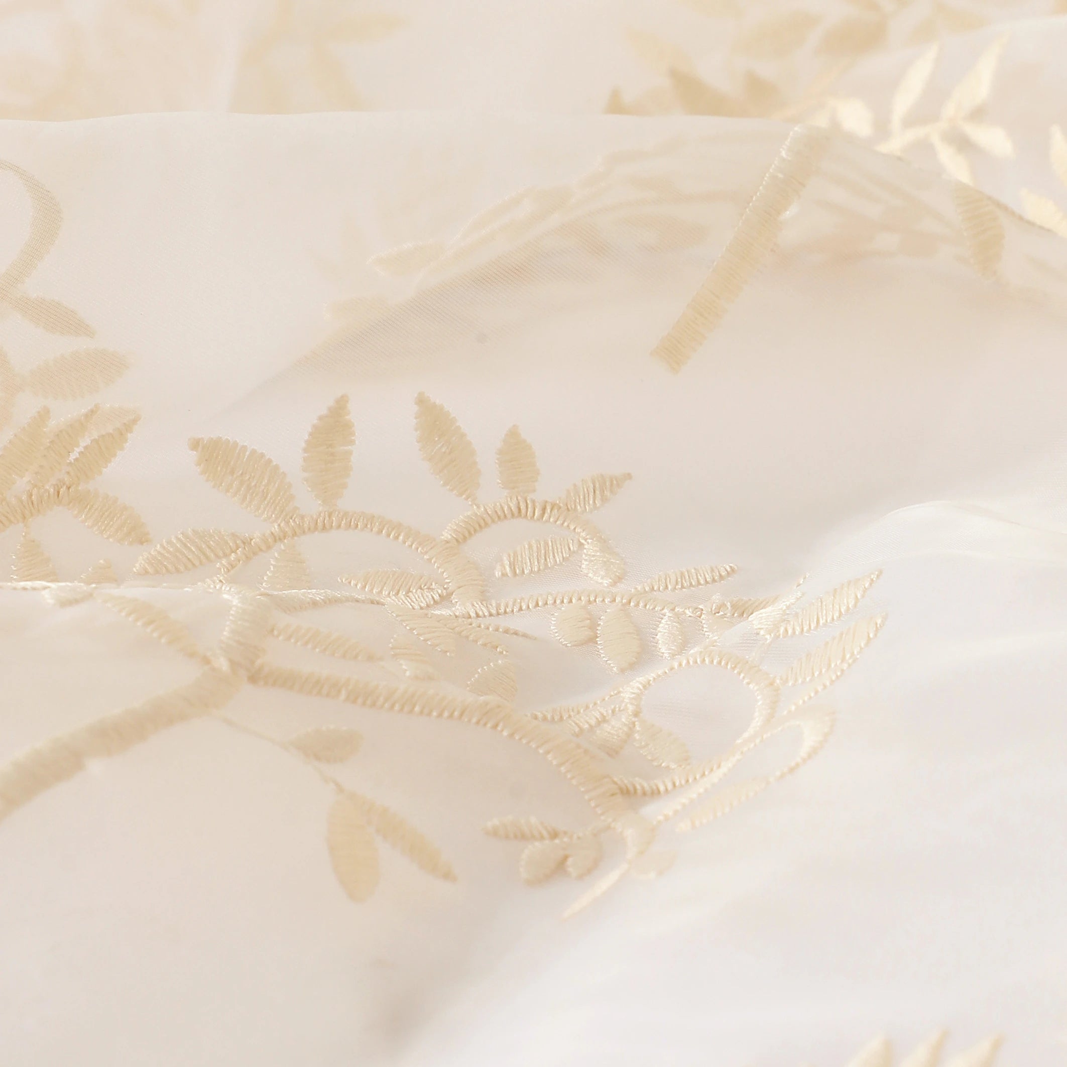 Velina Set Of 2 Embroidered Sheer Readymade Curtains | Botanical Trails Almond Silk / Door (3.60ft X 7.22ft)
