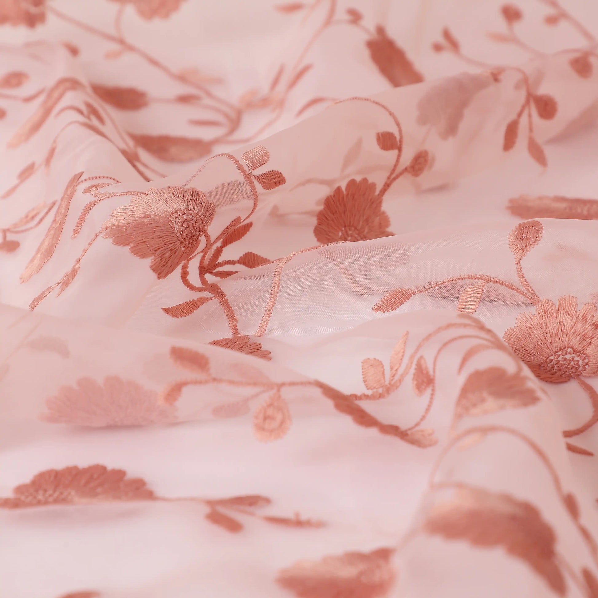 Velina Set Of 2 Embroidered Sheer Readymade Curtains | Vintage Chintz Powder Pink / Door (3.60ft X 7.22ft)