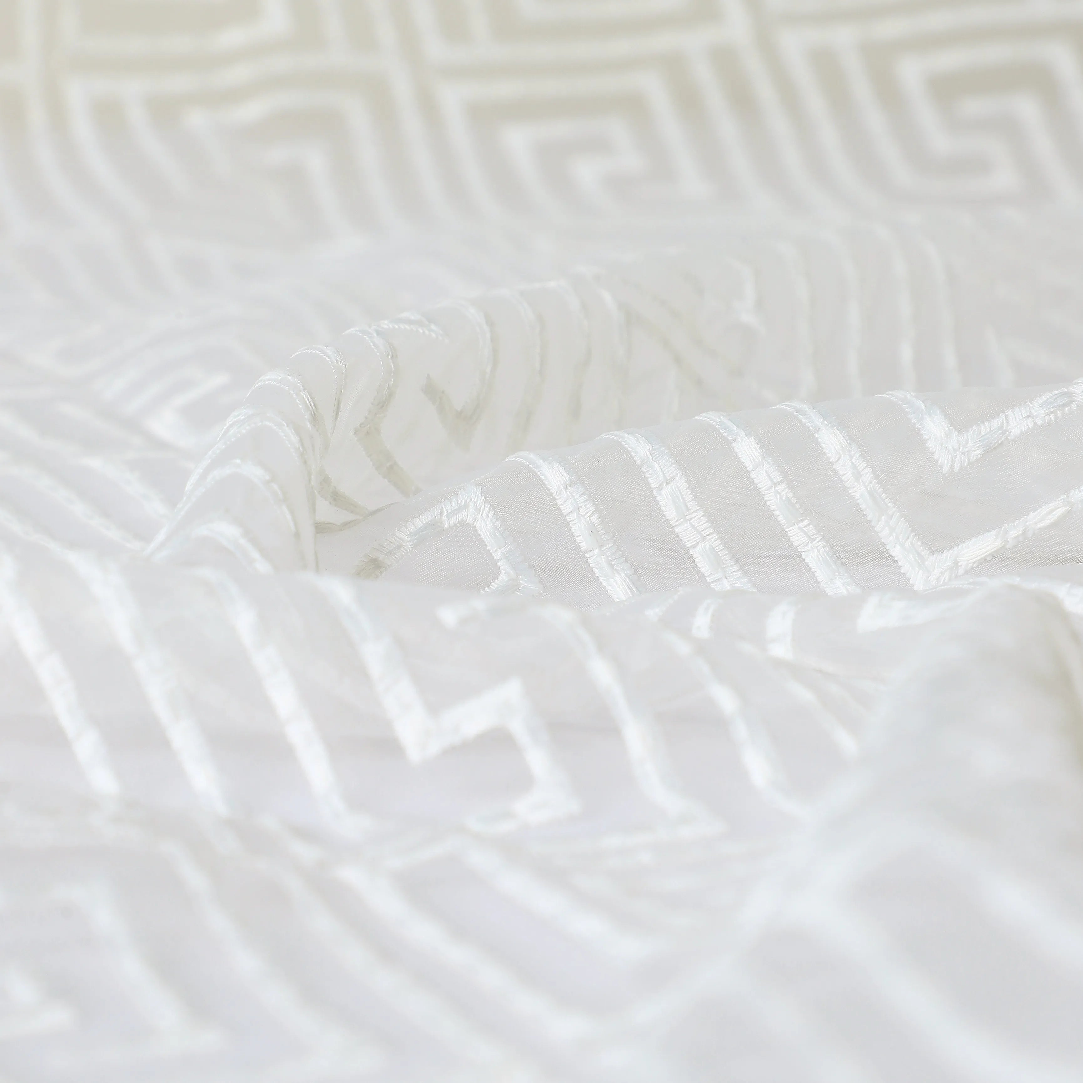 Velina Set Of 2 Embroidered Sheer Readymade Curtains | Modern Maze White / Door (3.60ft X 7.22ft)