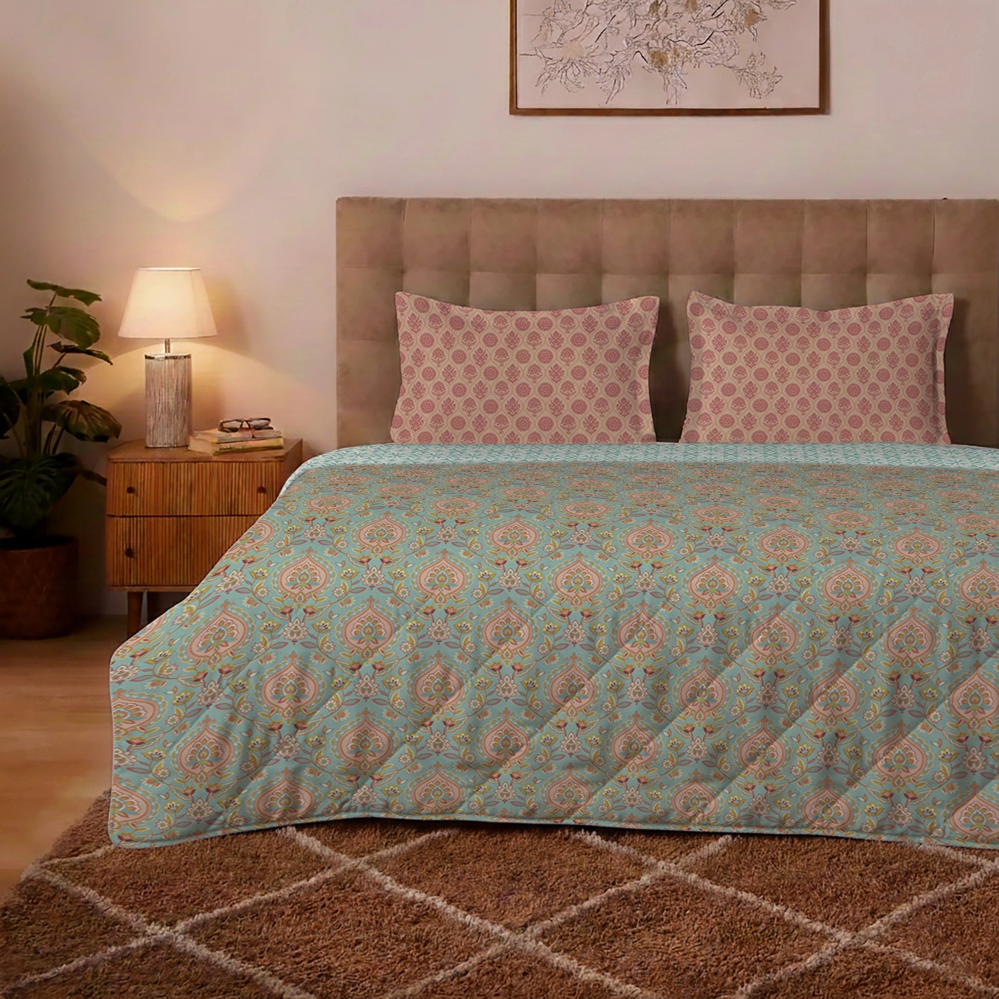 Aangan Weaves | Sage Green Traditional Printed Bedding Set - Set of Bedsheet & Comforter - Sea Glass Sea Glass / Queen