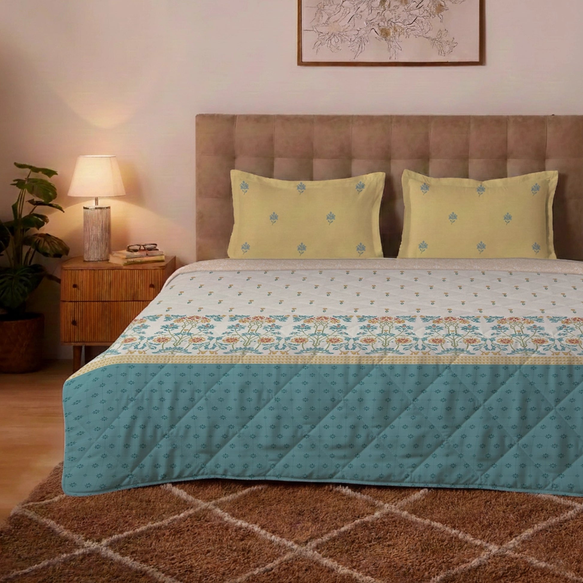 Udyan Tales | Vibrant Ethnic Printed Bedding Set - Set of Bedsheet & Comforter - Midnight Teal Midnight Teal / King