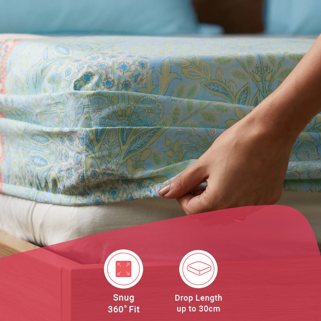 Chippa Lane | Contemporary Indian Print Design Cotton Fitted Sheet Set-Sage Bloom