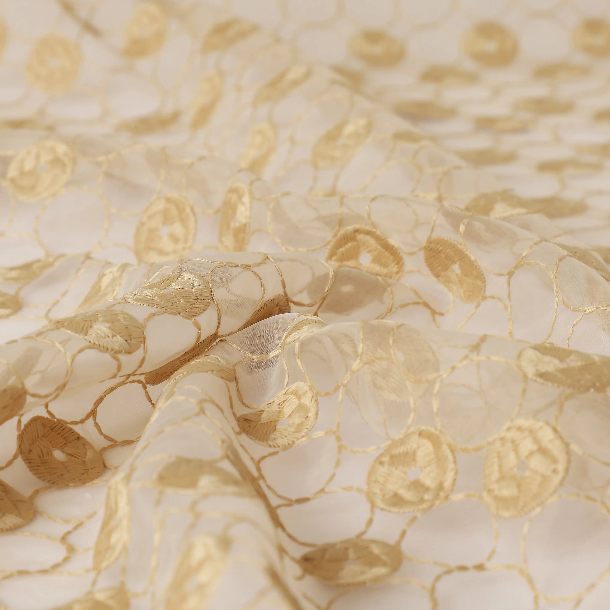 Velina Set Of 2 Embroidered Sheer Readymade Curtains | Beyond Circles Golden Ivory / Door (3.60ft X 7.22ft)