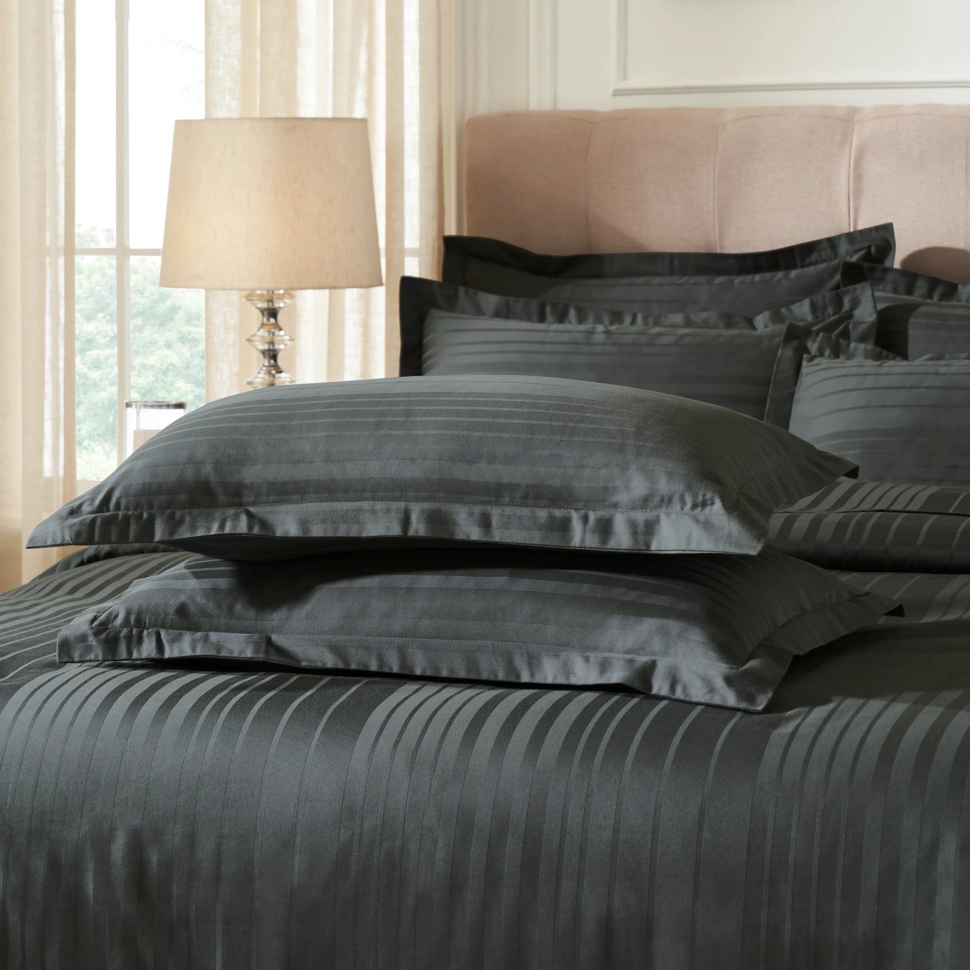 Seraya | 400TC Varigated Stripes Super Soft Fitted Sheet Set Dark Grey / King