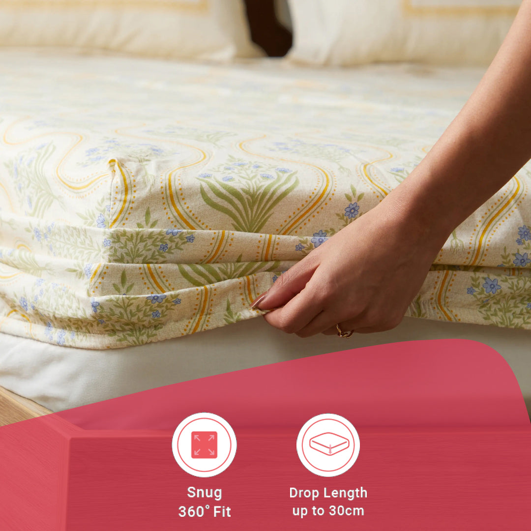 Chippa Lane | Contemporary Indian Print Design Cotton Fitted Sheet Set-Mustard