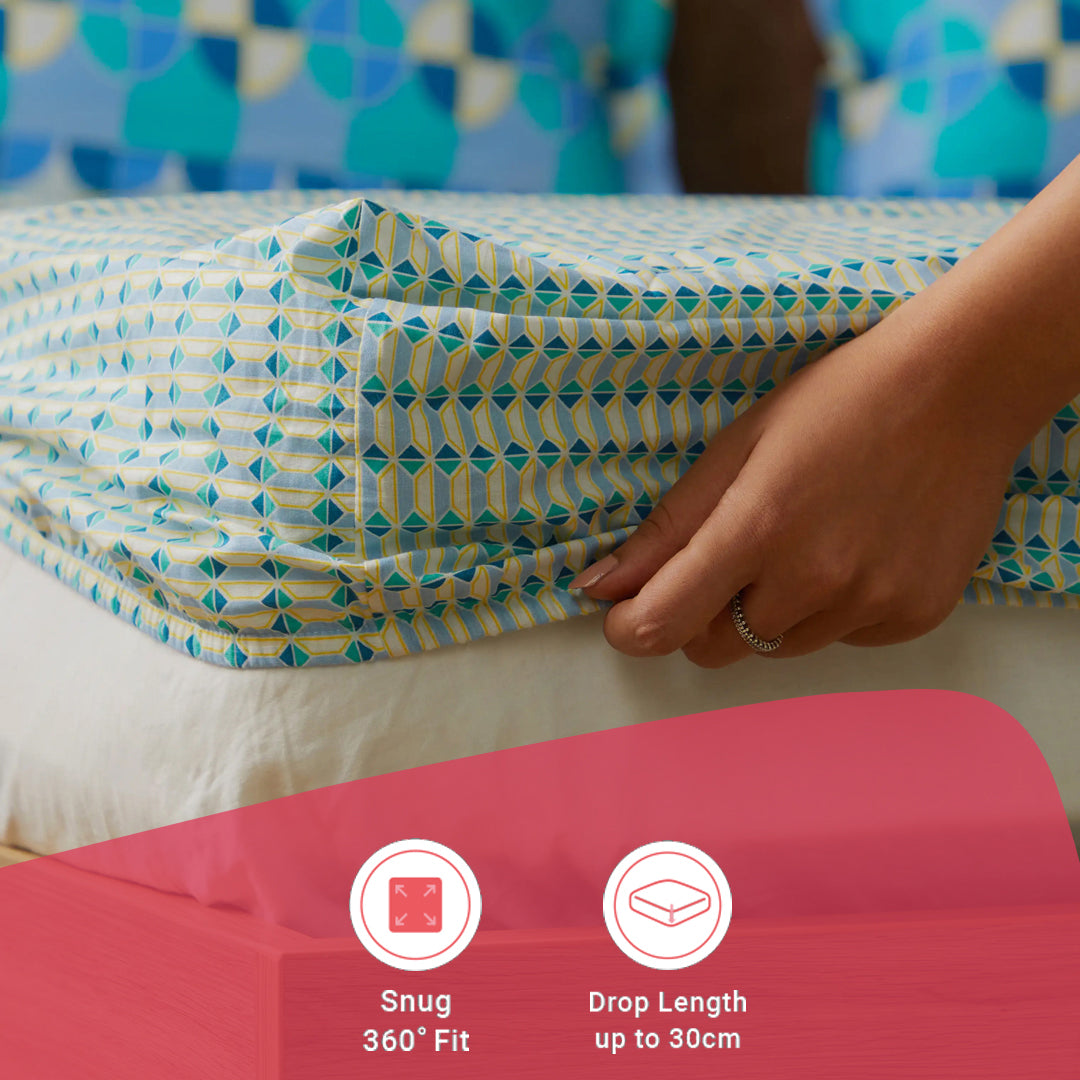 Mishella | Mix & Match Printed Cotton Fitted Sheet Set - Kaleido Teal