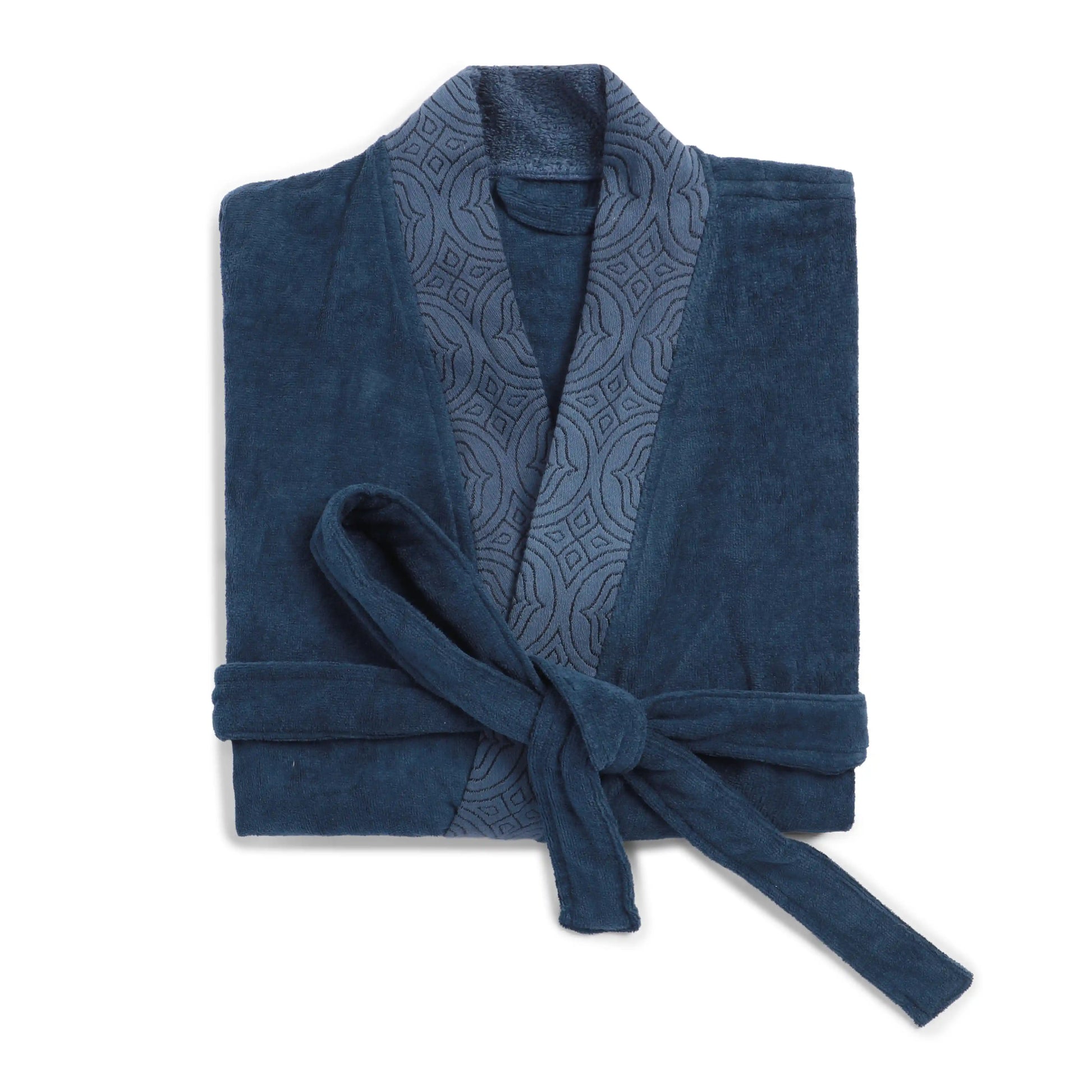 De Jacquard 100% Cotton Bathrobe Navy Blue / Large