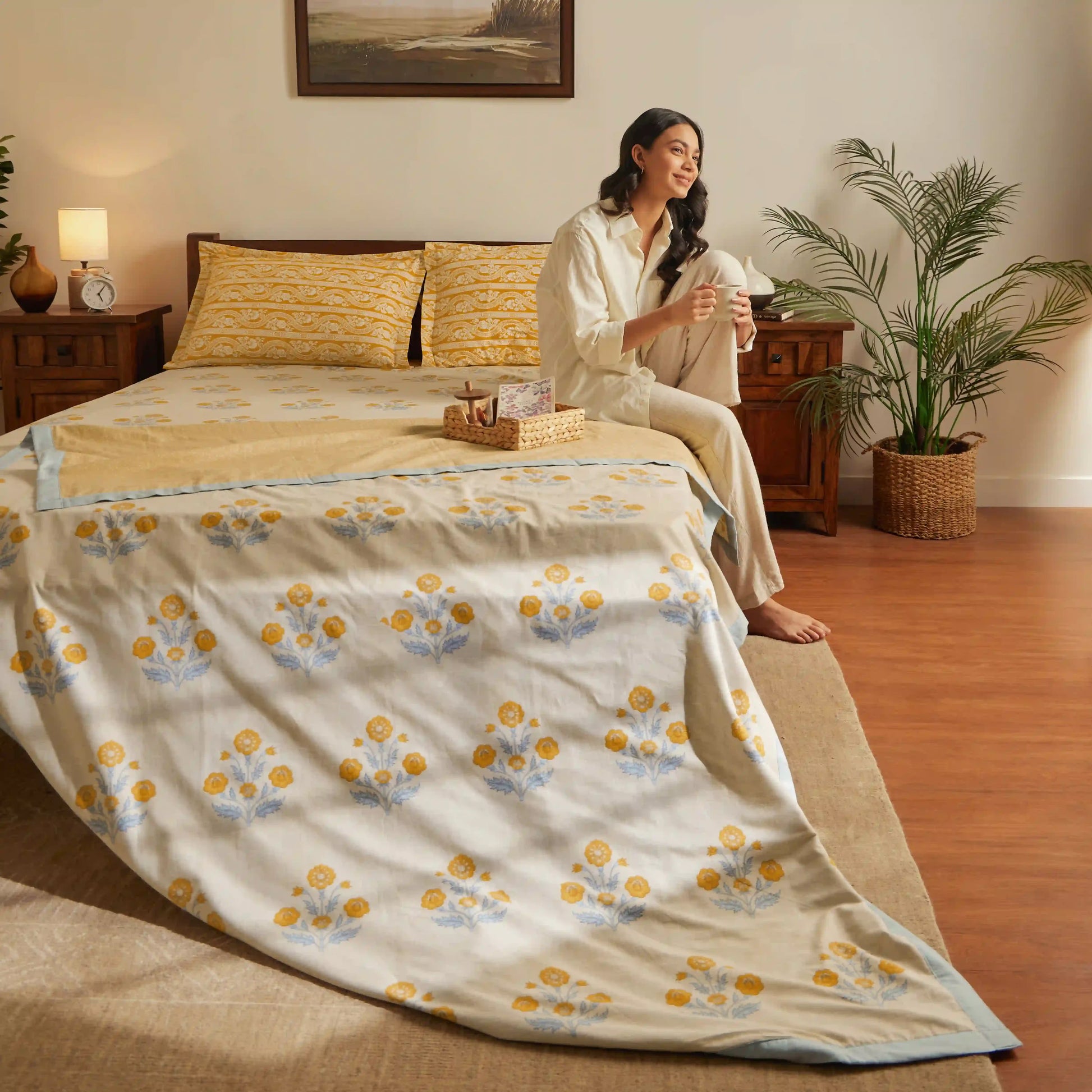 Chippa Lane | Contemporary Indian Print Design Coordinated Bedding Set | Set of Bedsheet & Dohars-Ochre Ochre / Double